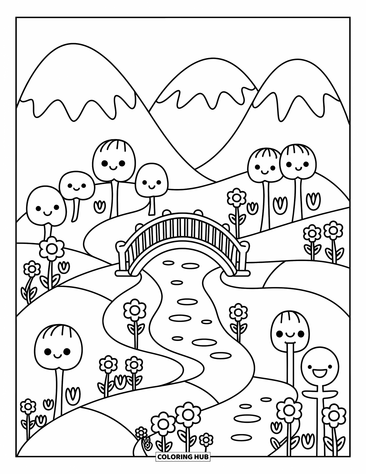 Berg Kleurplaat voor Volwassenen: Een gezellige vallei met een klein bruggetje over een zacht kabbelend beekje