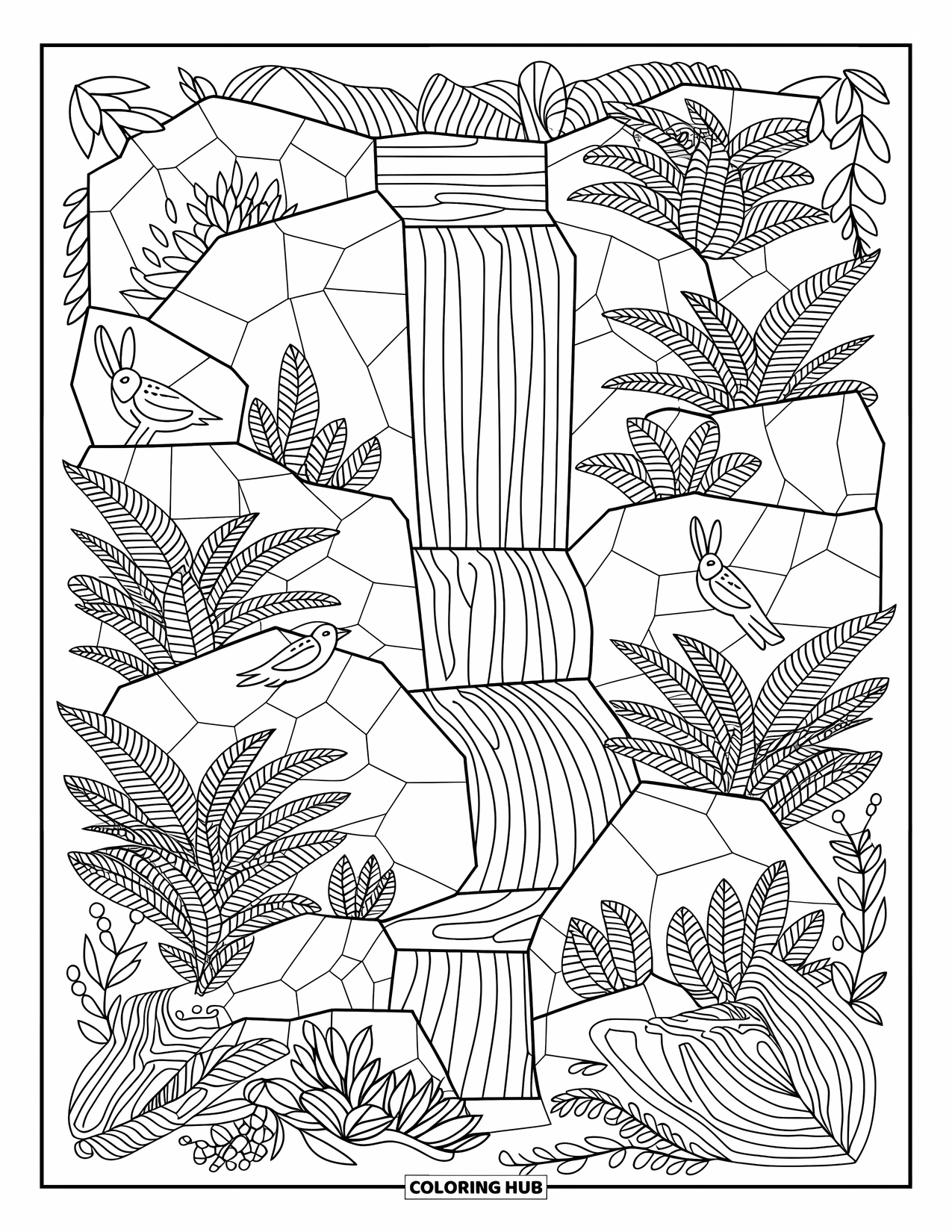 Berg kleurplaat voor volwassenen: Een gezellige waterval met rotsen, varens en schattige boswezens