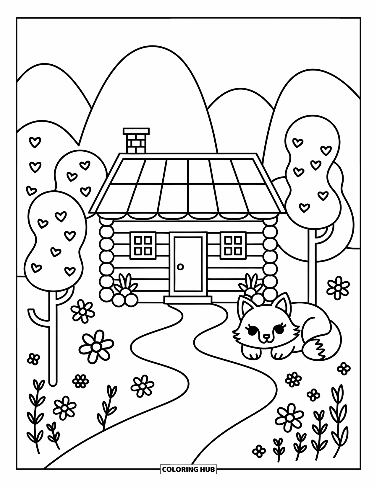 Berg Kleurplaat voor Volwassenen: Een schattige vos in de buurt van een hut omringd door bomen en bloemen