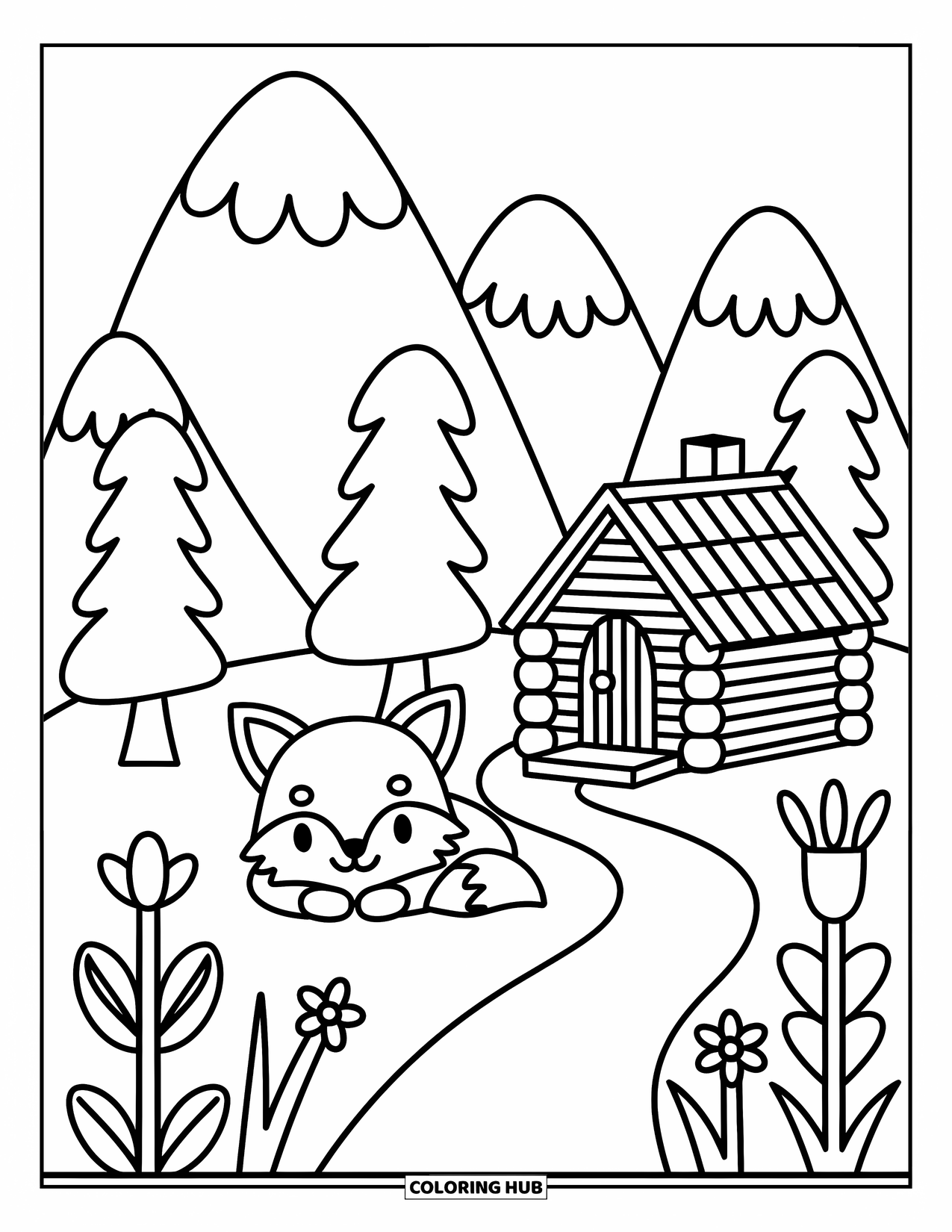 Berg Kleurplaat voor Volwassenen: Een schattige vos die rust in de buurt van een hut met vrolijke bomen en bloemen