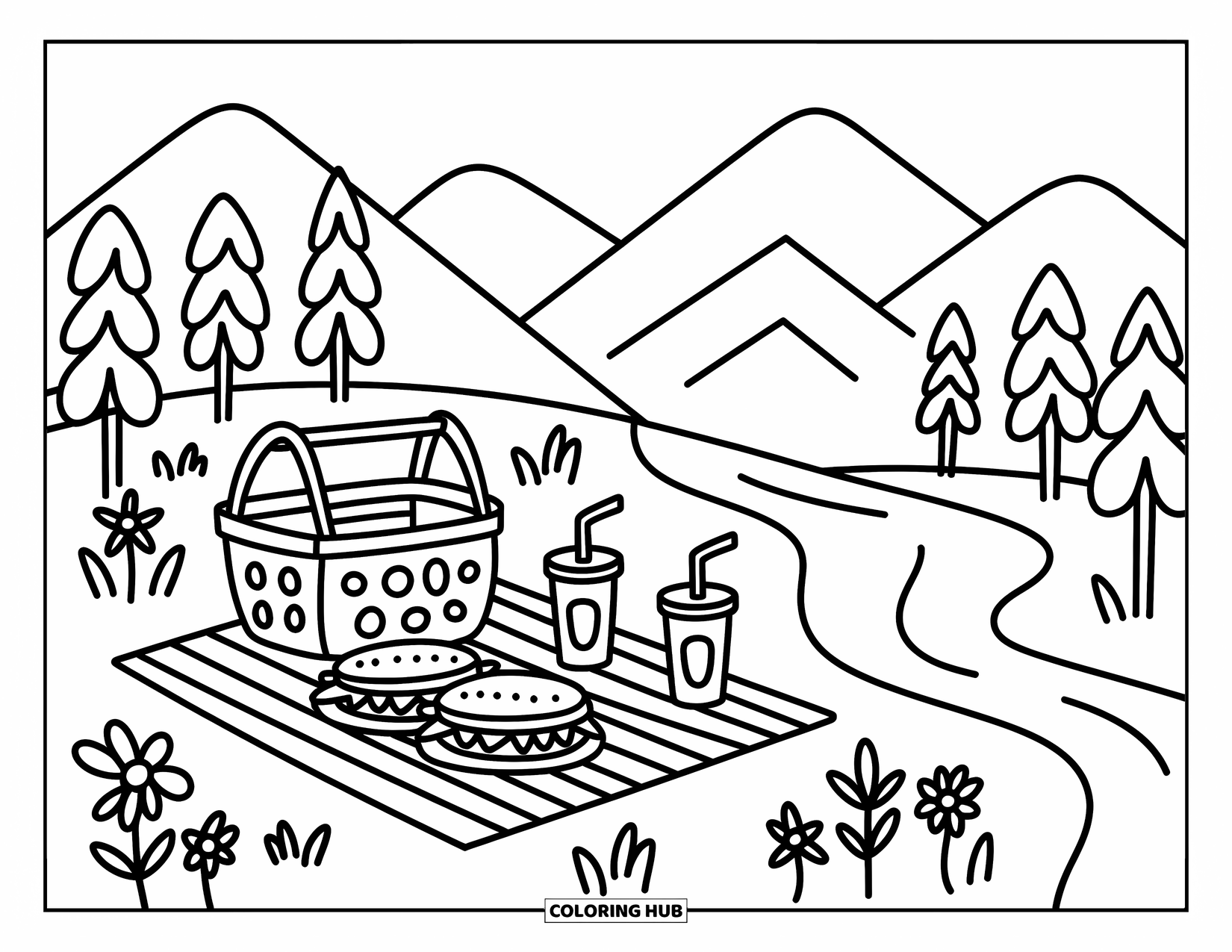 Berg Kleurplaat voor Volwassenen: Een schattige picknick bij een rivier met sandwiches, een mand en eenvoudige bloemen
