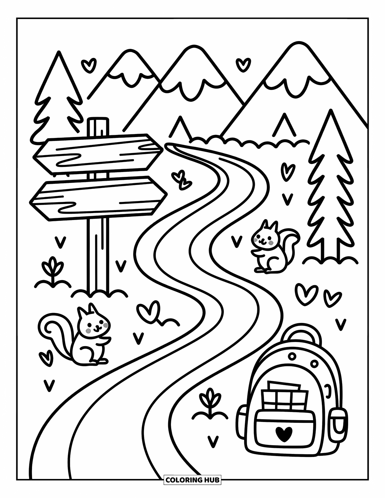 Berg Kleurplaat voor Volwassenen: Een schattige eekhoorn bij een pad met een houten bord en vrolijke bomen