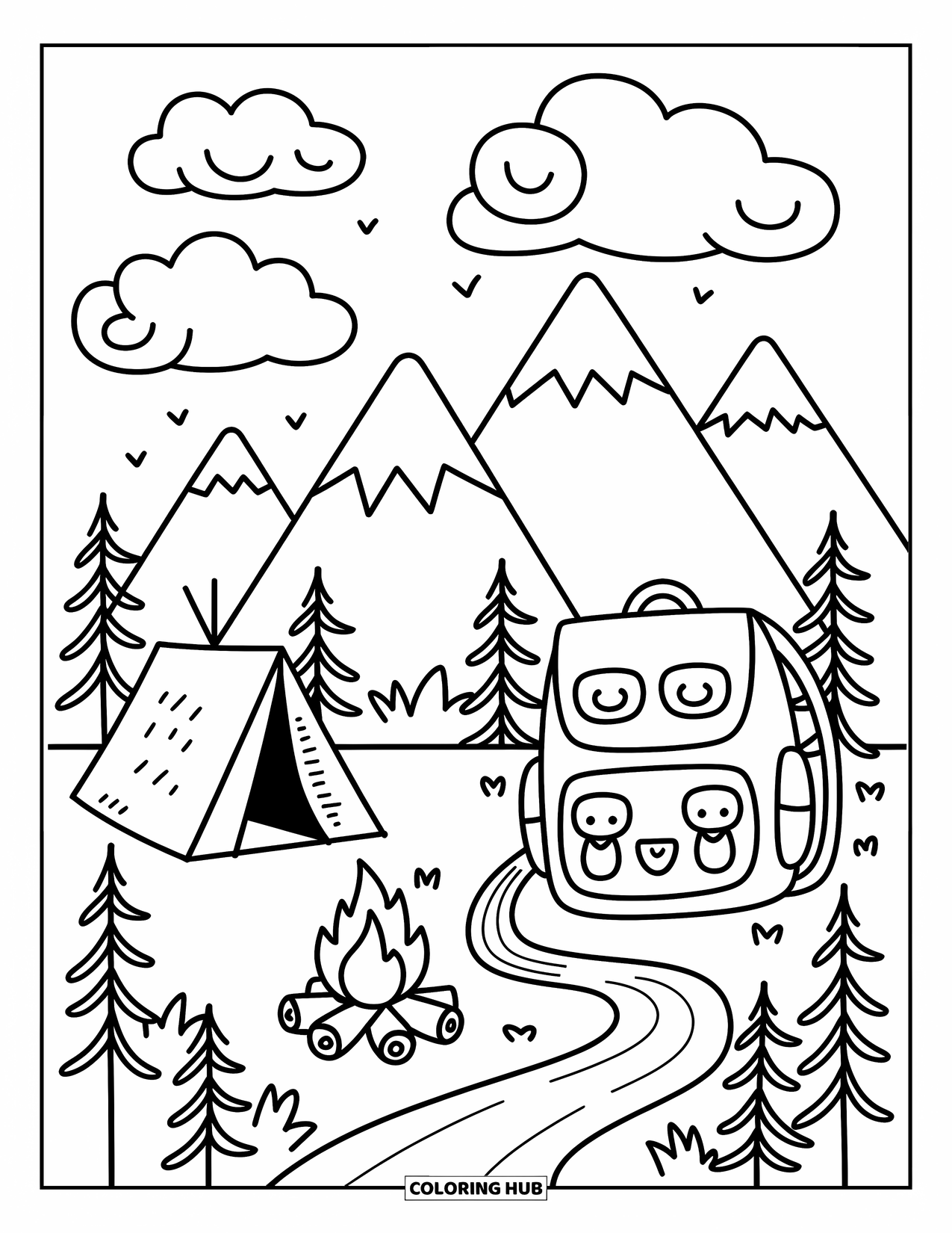 Berg Kleurplaat voor Volwassenen: Een schattige tent en kampvuur met marshmallows naast een kronkelende rivier