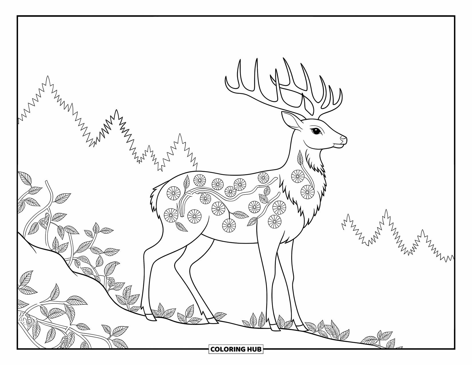 Berg Kleurplaat voor Volwassenen: Een hert met gedetailleerde geweien en bloemmotieven aan de rand van het bos