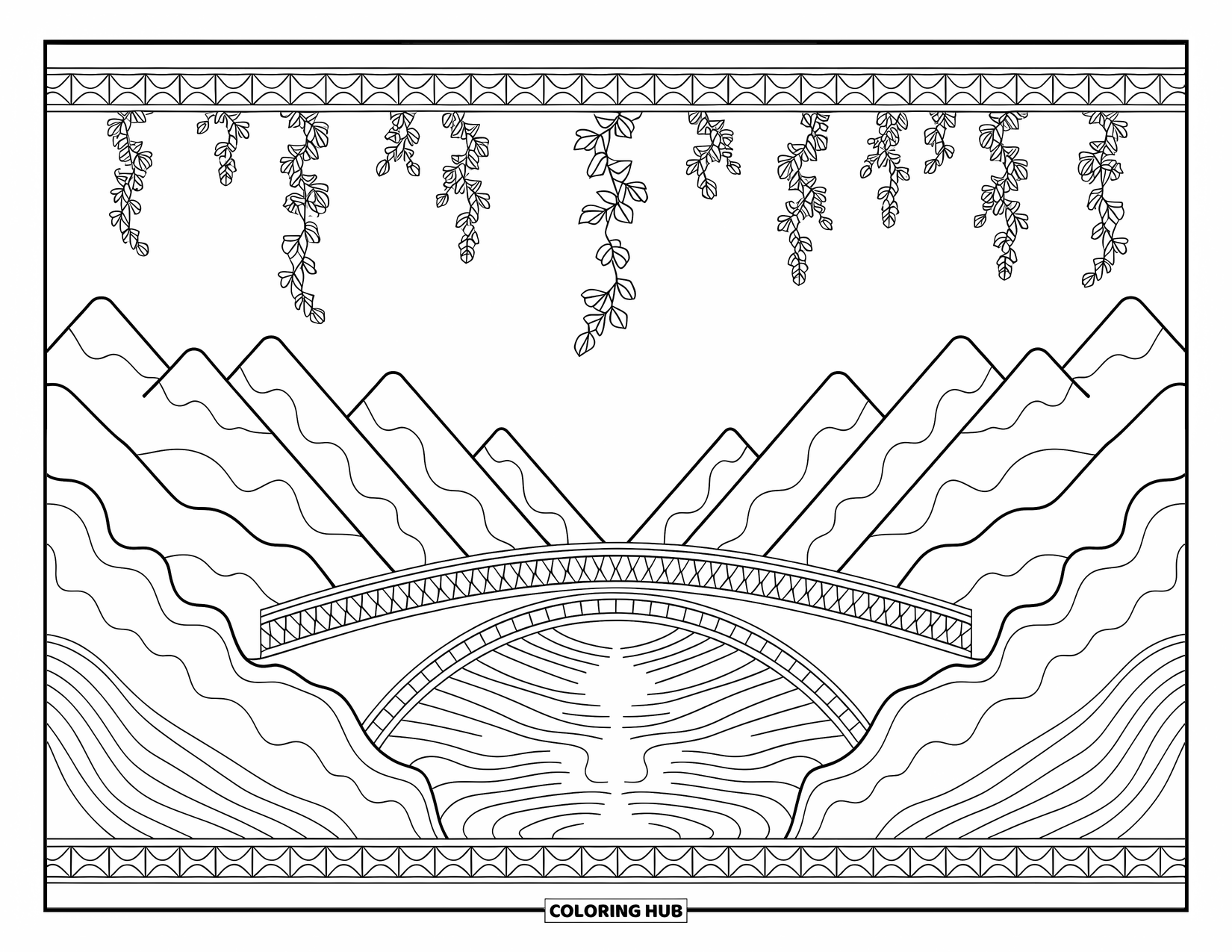 Berg Kleurplaat voor Volwassenen: Een gedetailleerde brug die een rivier oversteekt met wijnranken en uitzicht op de bergen