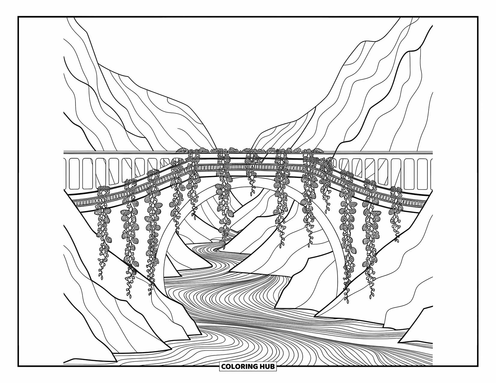 Berg Kleurplaat voor Volwassenen: Een gedetailleerde brug met wijnranken die een rivier tussen bergen overspant