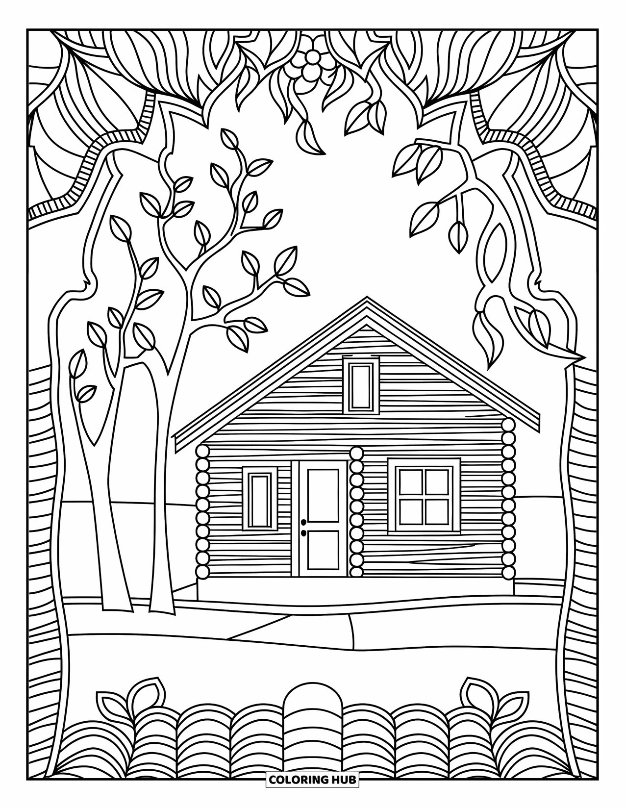 Berg Kleurplaat voor Volwassenen: Een gedetailleerde hut met houtpatronen en hoge bomen eromheen