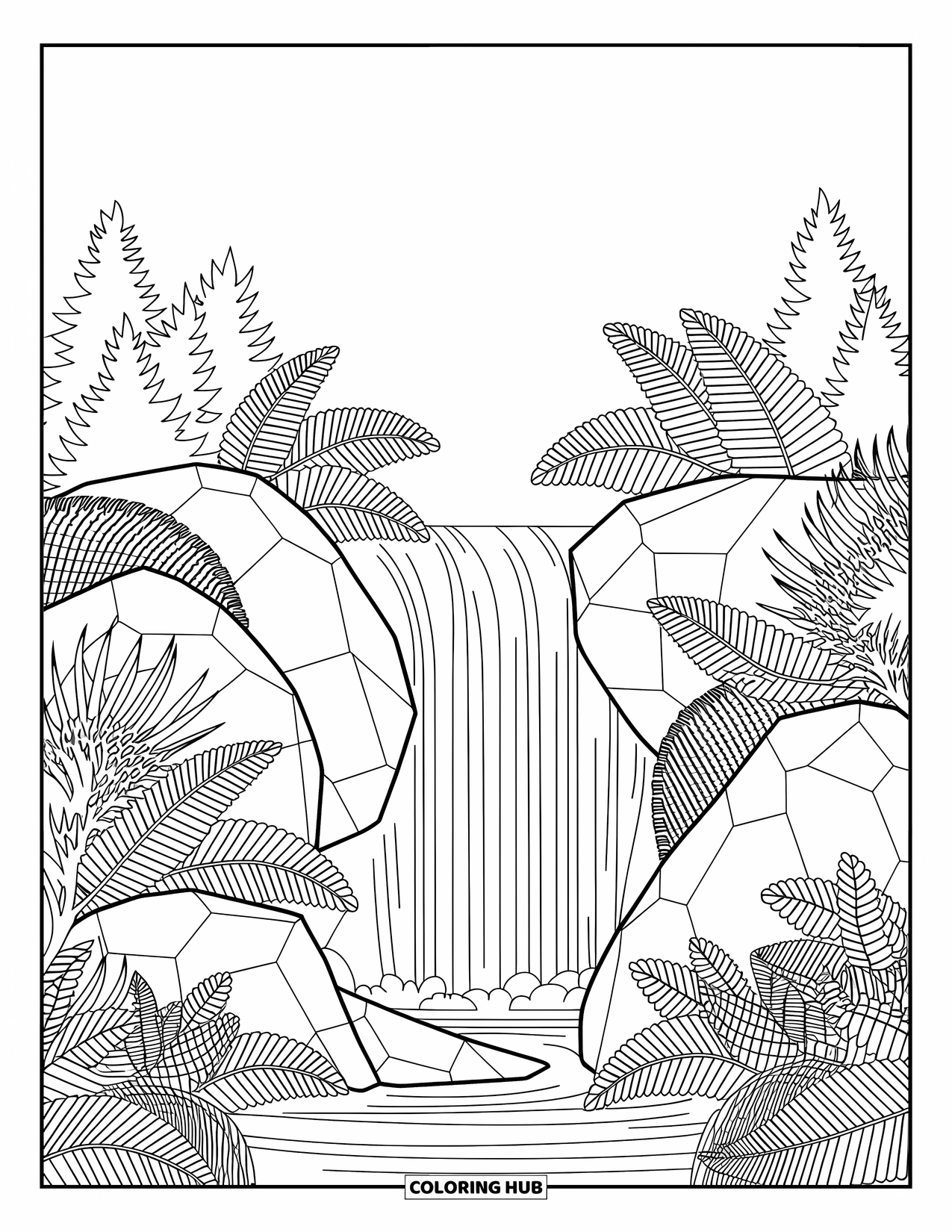 Berg kleurplaat voor volwassenen: Een gedetailleerde watervalscène met rotsen, varens en boswezens