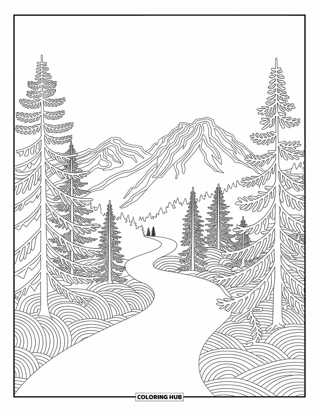 Berg Kleurplaat voor Volwassenen: Een bospad naar bergen met gedetailleerde bomen en ingewikkelde ontwerpen
