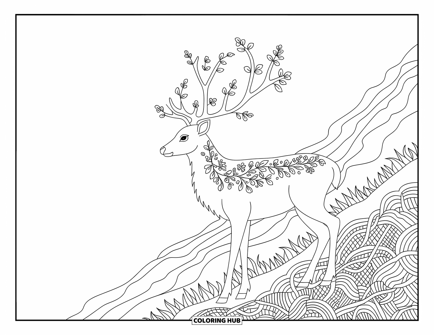 Berg Kleurplaat voor Volwassenen: Een sierlijk hert met bloemrijke geweien bij een bergbos