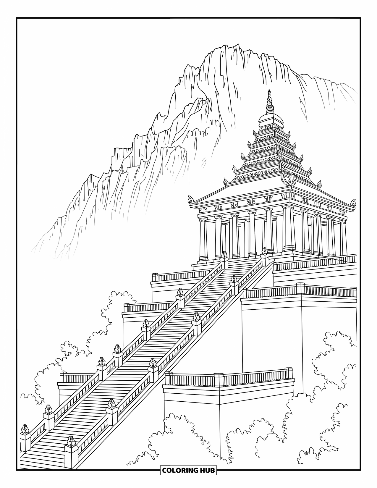 Berg Kleurplaat voor Volwassenen: Een grandioze tempel met gedetailleerde beelden en trappen op een bergtop