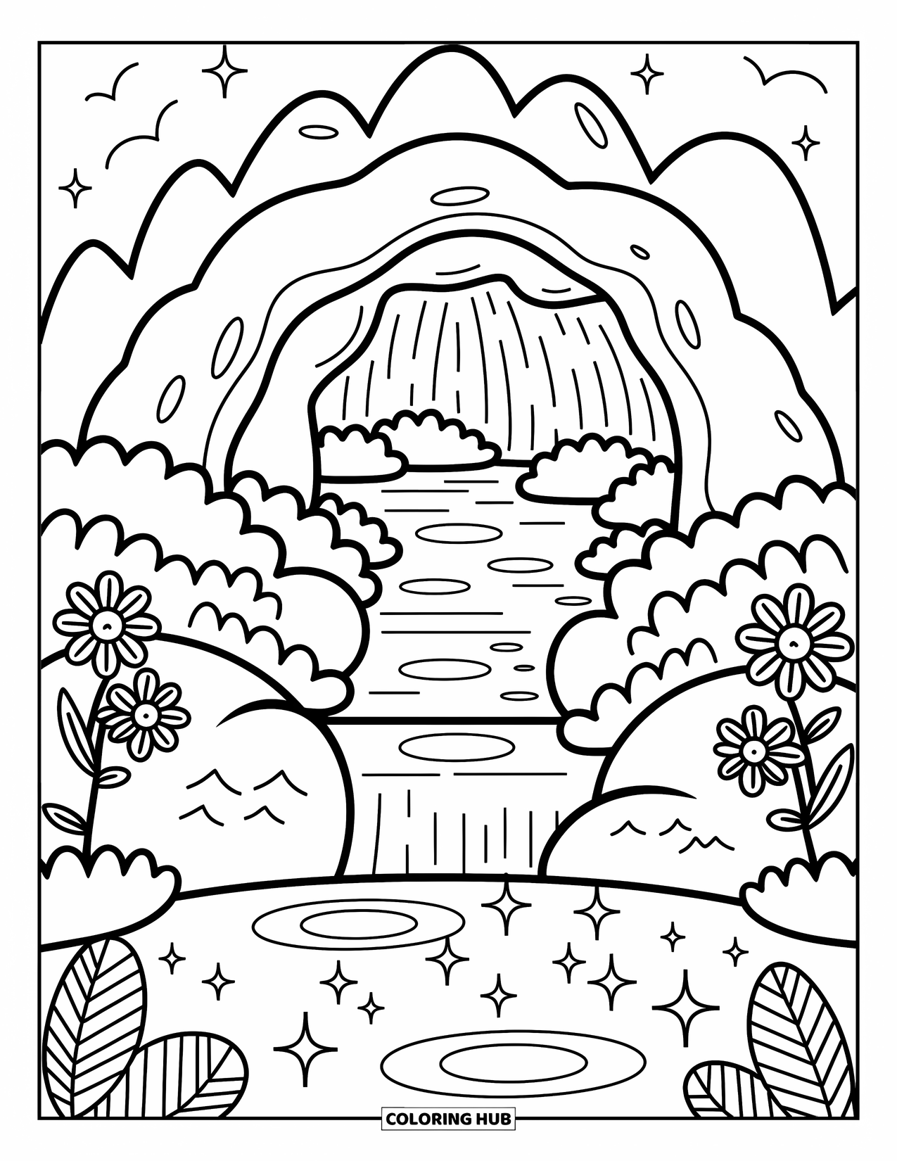 Berg Kleurplaat voor Volwassenen: Een verborgen grot bij een vijver met bloemen en een kleine waterval