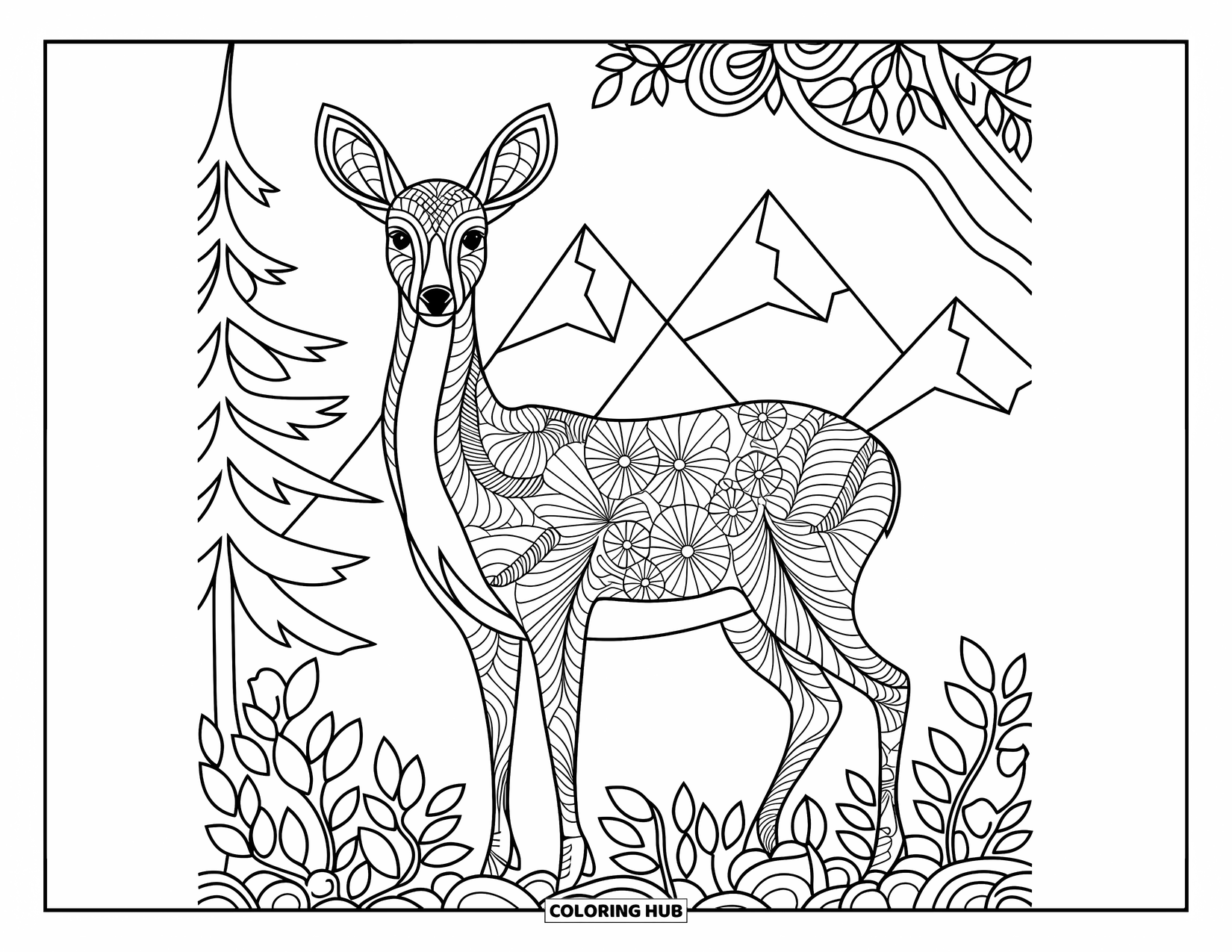 Berg Kleurplaat voor Volwassenen: Een majestueus hert met bloemrijke geweien bij een bergbos