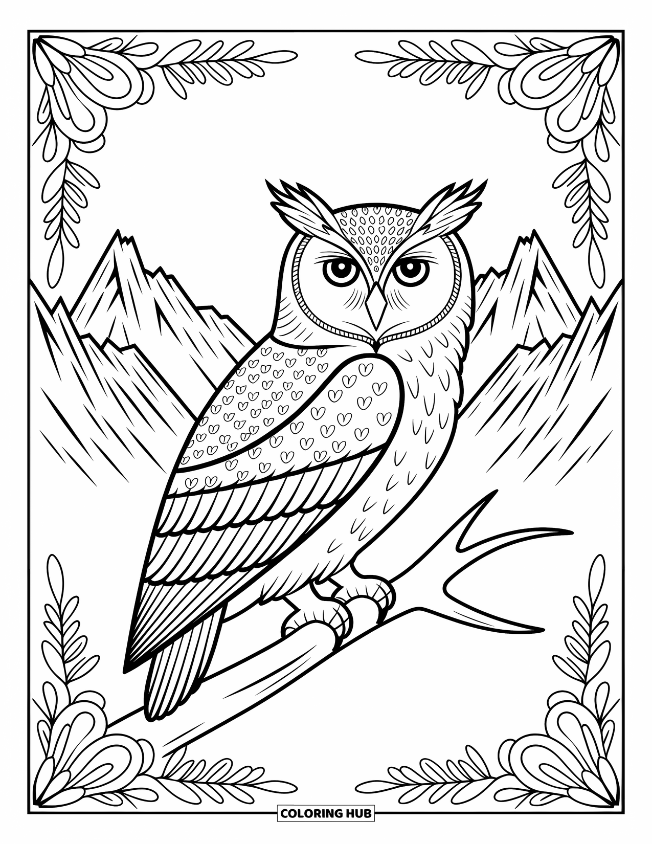 Berg kleurplaat voor volwassenen: Een majestueuze uil met gedetailleerde veren die uitkijkt over een bergdal