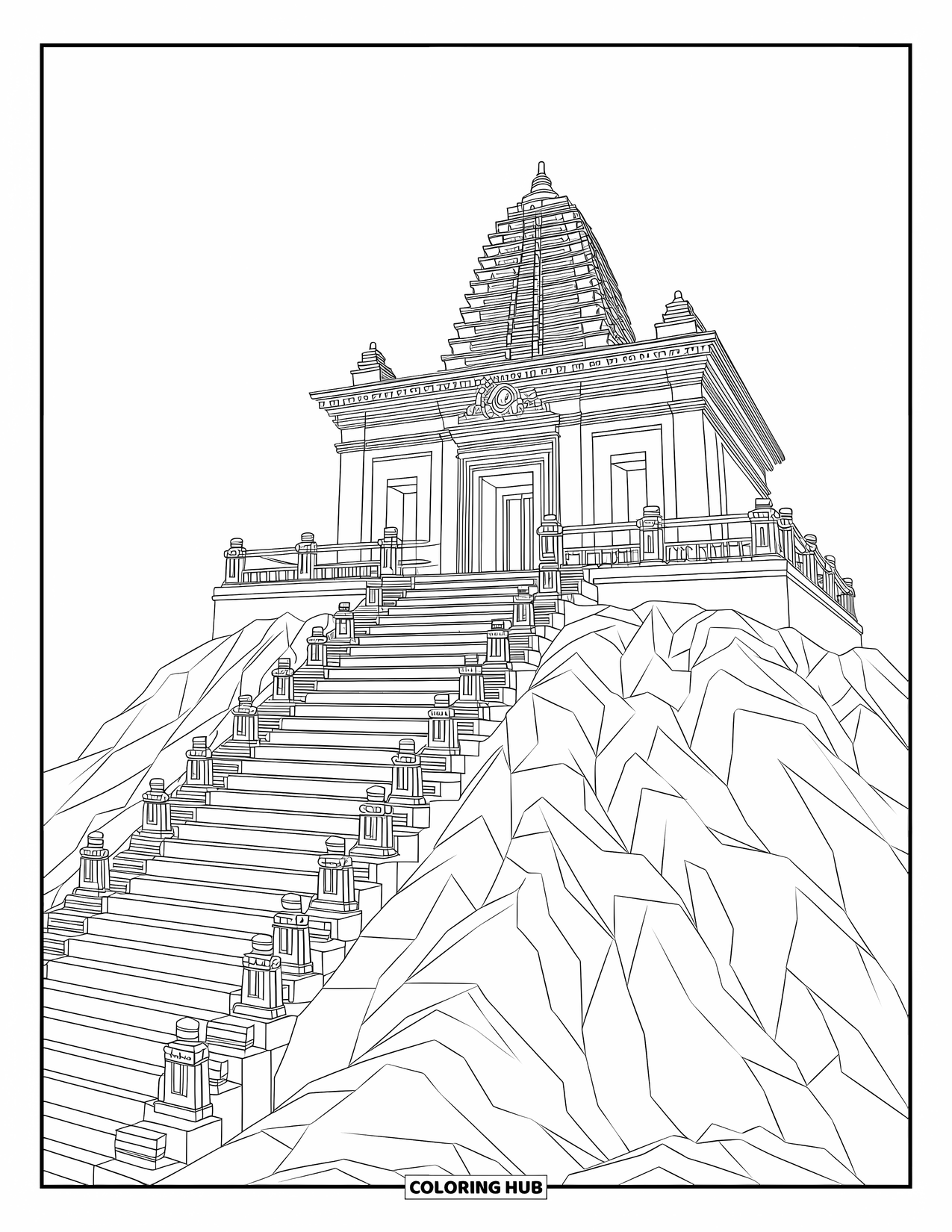 Berg Kleurplaat voor Volwassenen: Een majestueuze tempel met stenen beelden en trappen op een berg