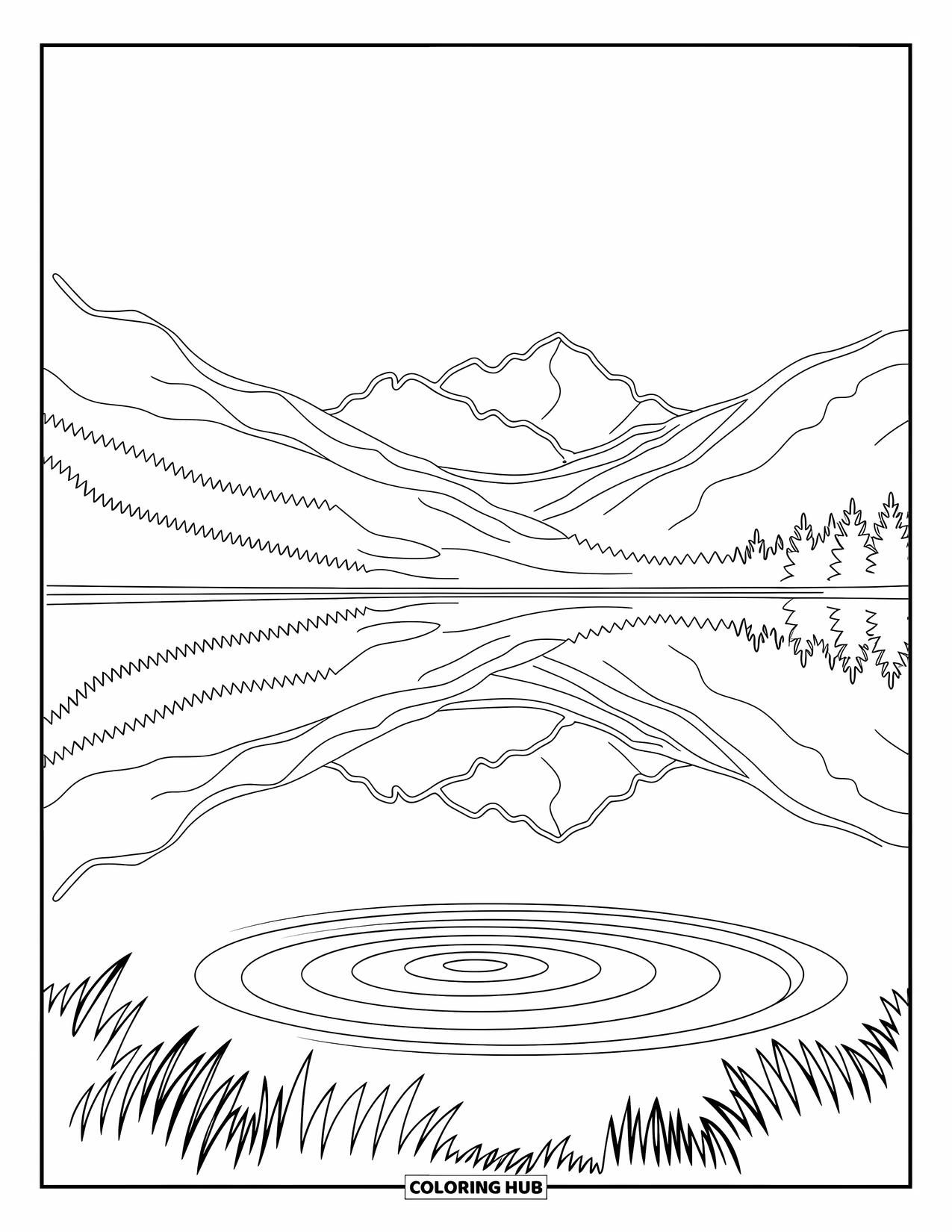Berg Kleurplaat voor Volwassenen: Een bergmeer met reflecties en sierlijke patronen