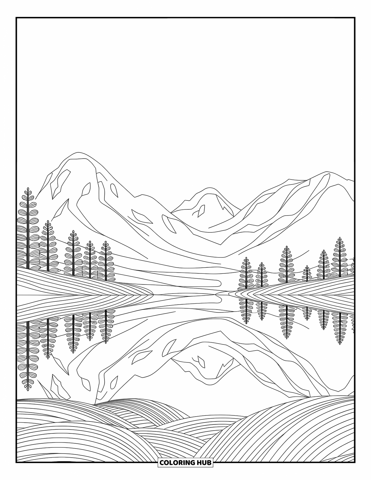 Berg Kleurplaat voor Volwassenen: Een bergmeer met reflecties en wervelende patronen