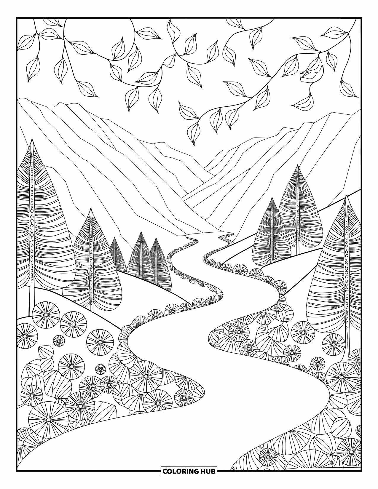 Berg kleurplaat voor volwassenen: Een bergpad met gedetailleerde bomen en bloemen