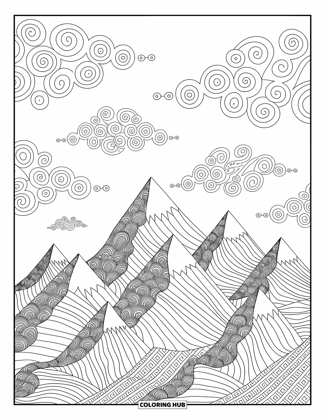 Berg Kleurplaat voor Volwassenen: Een bergketen met wervelende wolken en ingewikkelde patronen