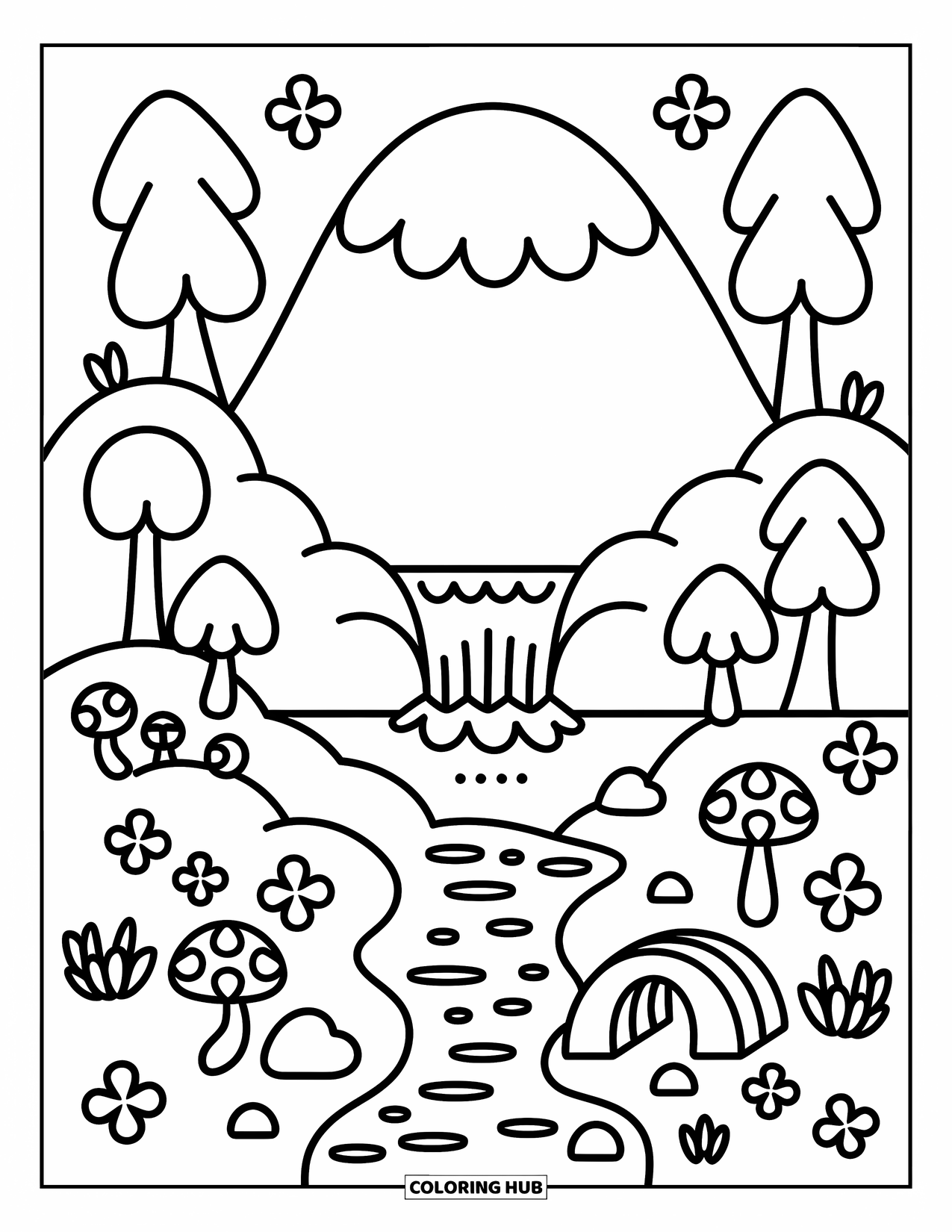 Berg Kleurplaat voor Volwassenen: Een berg met een waterval die in een klein meer stroomt en een schattig bruggetje