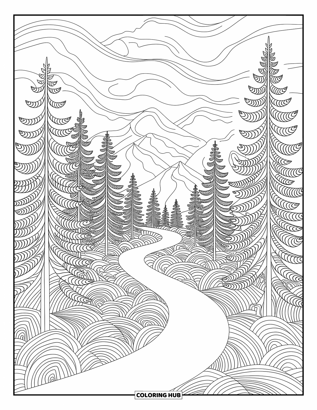 Berg Kleurplaat voor Volwassenen: Een pad door pijnbomen dat leidt naar bergen met ingewikkelde patronen
