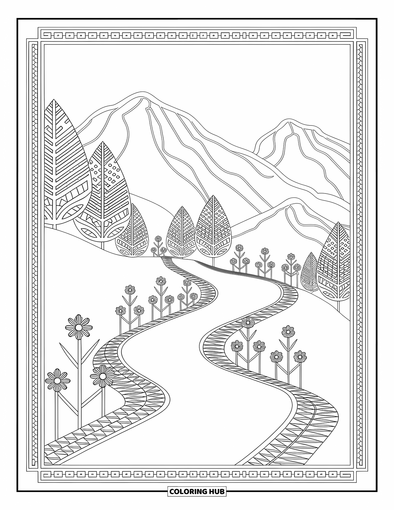 Berg Kleurplaat voor Volwassenen: Een pad met bloemen en bomen dat naar bergen leidt
