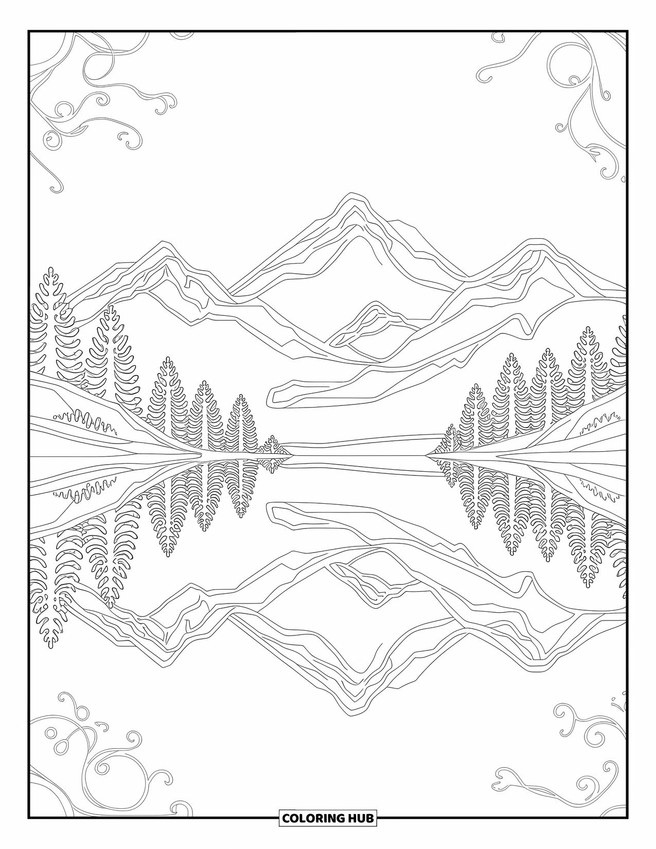 Berg Kleurplaat voor Volwassenen: Een sereen meer met bergen en gedetailleerde patronen