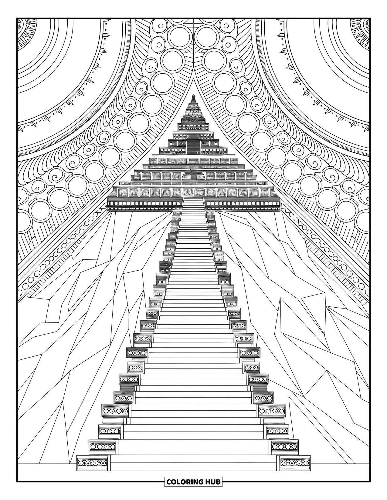 Berg Kleurplaat voor Volwassenen: Een tempel op een berg met ingewikkelde beelden en kronkelende paden