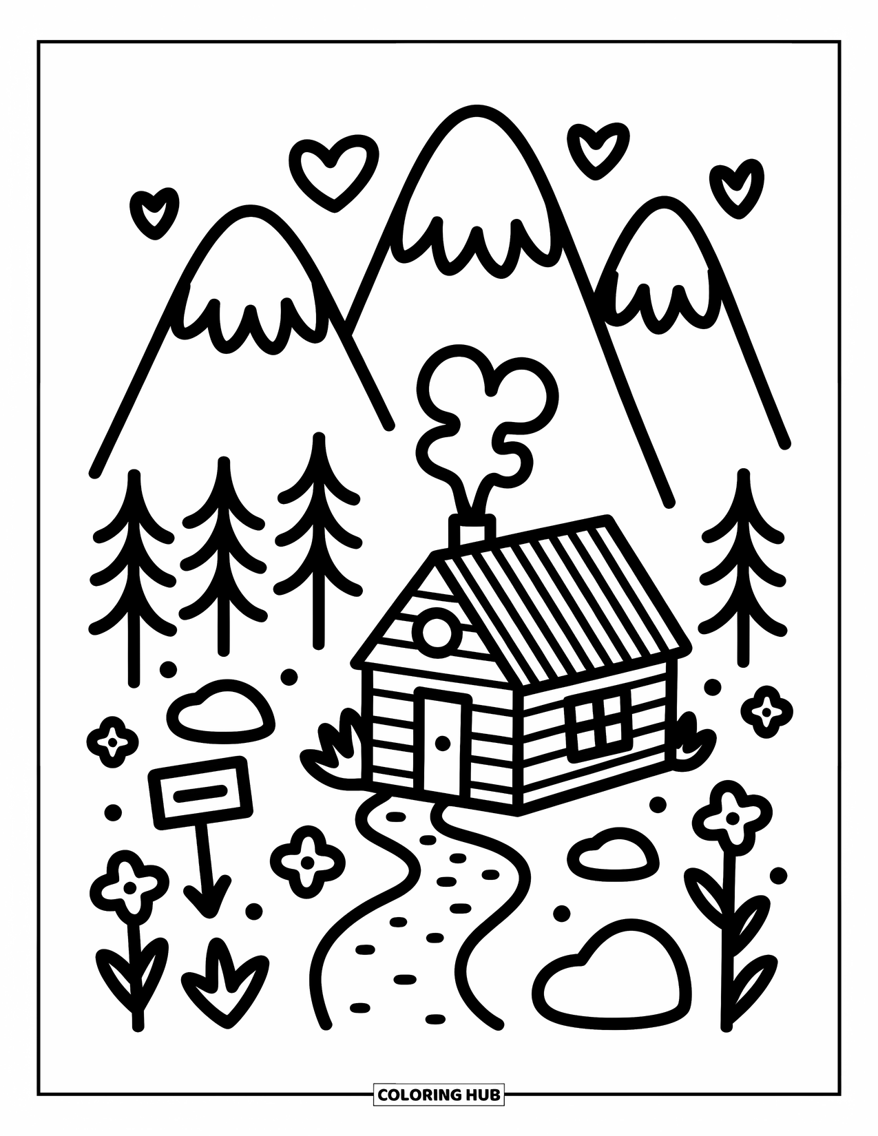 Berg Kleurplaat voor Volwassenen: Een kleine hut tussen de bergen met rook die uit de schoorsteen krult en een kronkelend pad