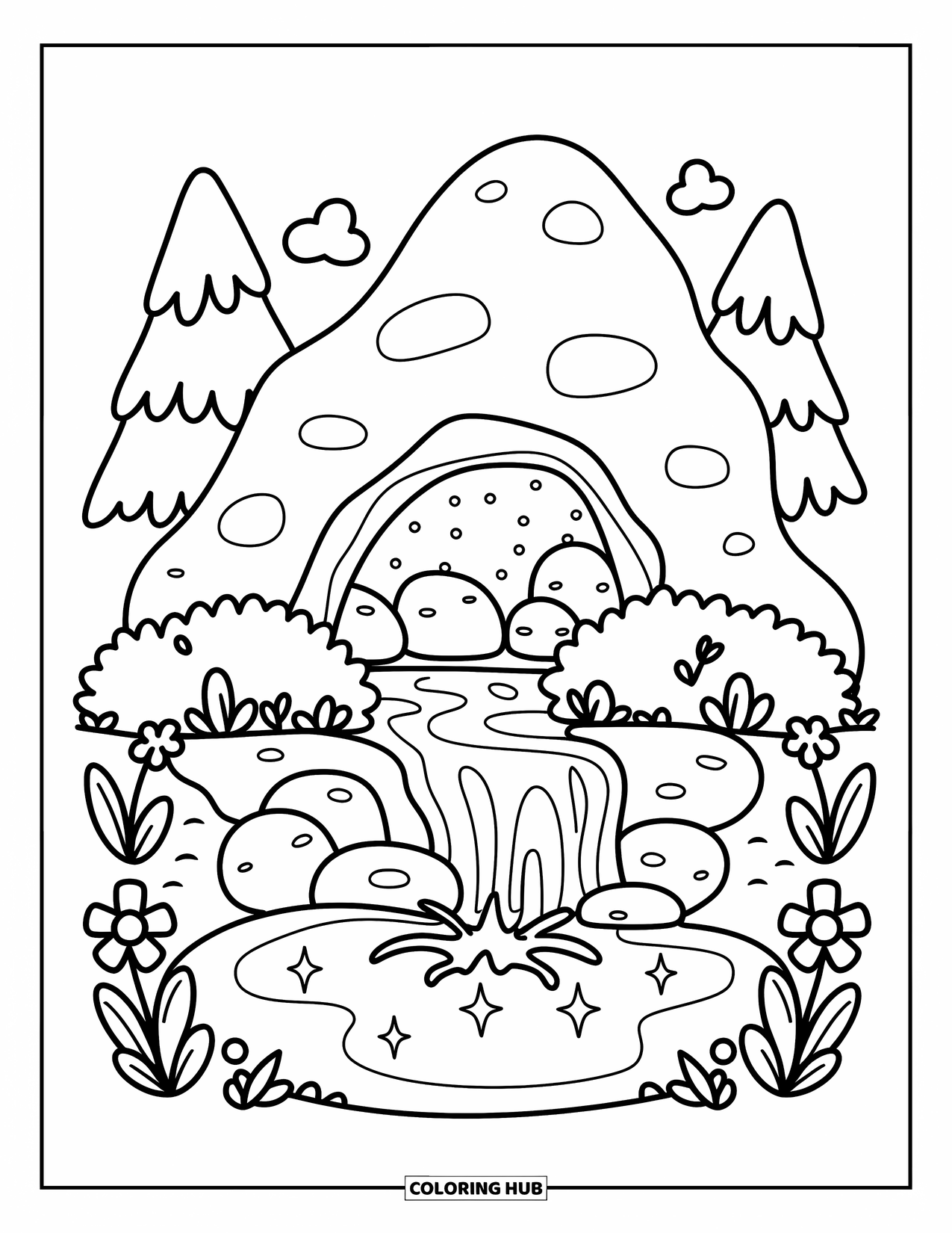 Berg Kleurplaat voor Volwassenen: Een kleine hut bij bergen met een schattige vos die in de buurt rust