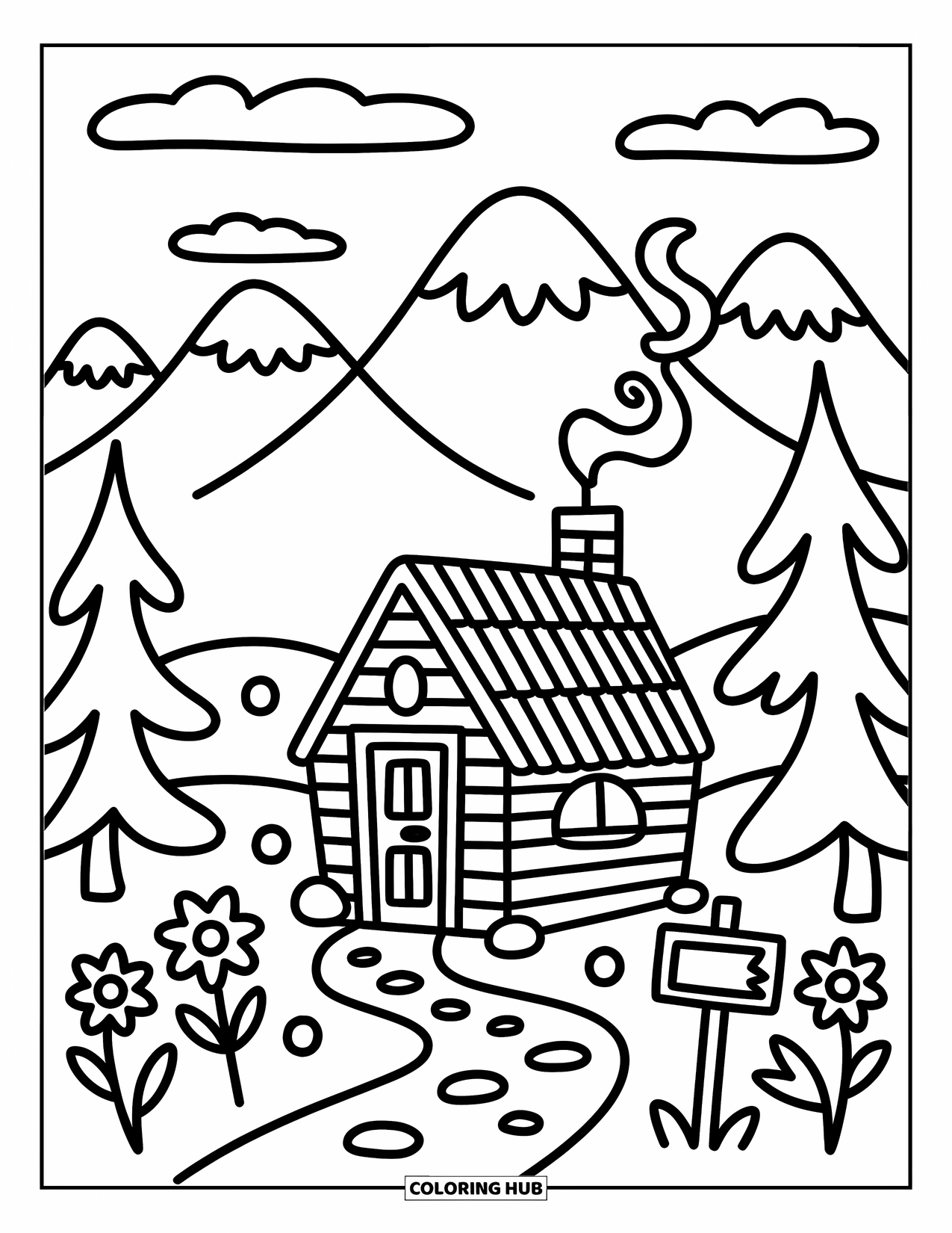 Berg Kleurplaat voor Volwassenen: Een kleine hut met een schoorsteen, eenvoudige bloemen en een houten bord bij een pad