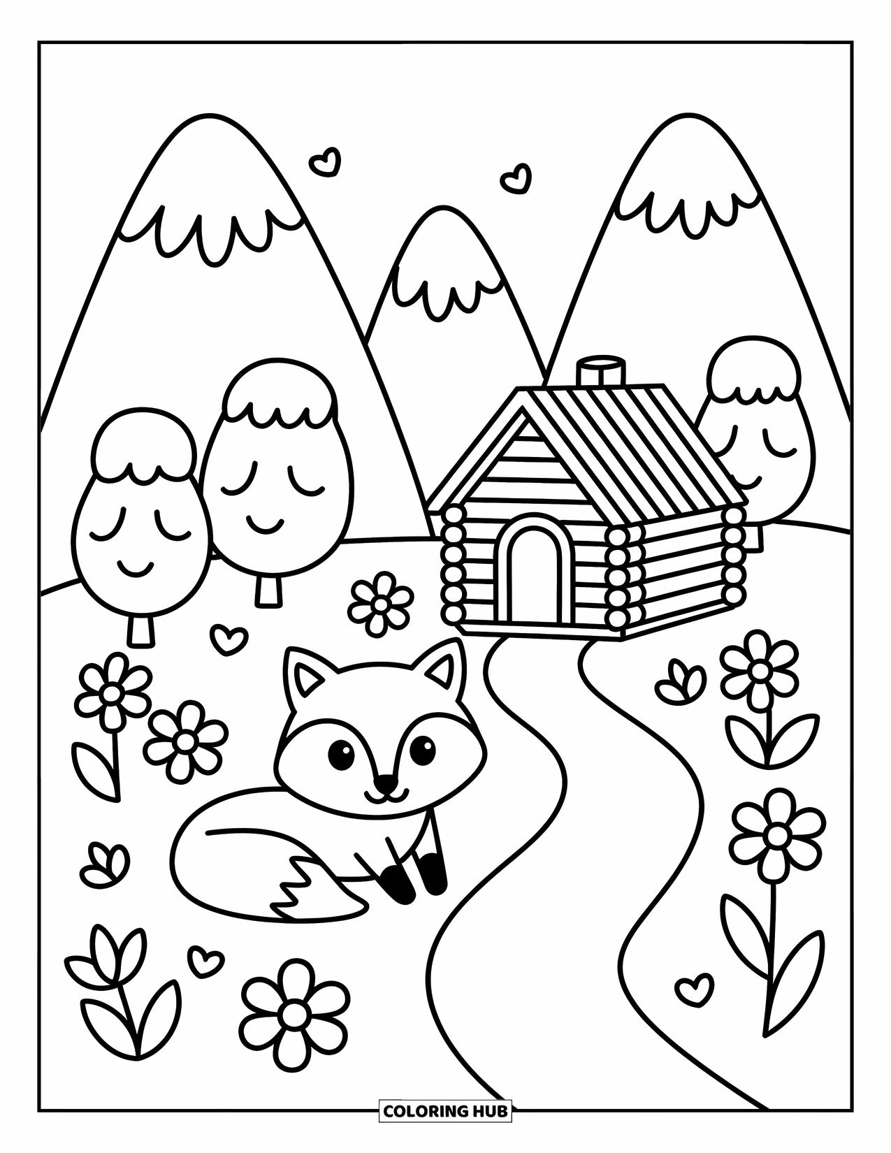 Berg Kleurplaat voor Volwassenen: Een kleine hut met een vos en bloemen langs een kronkelend pad