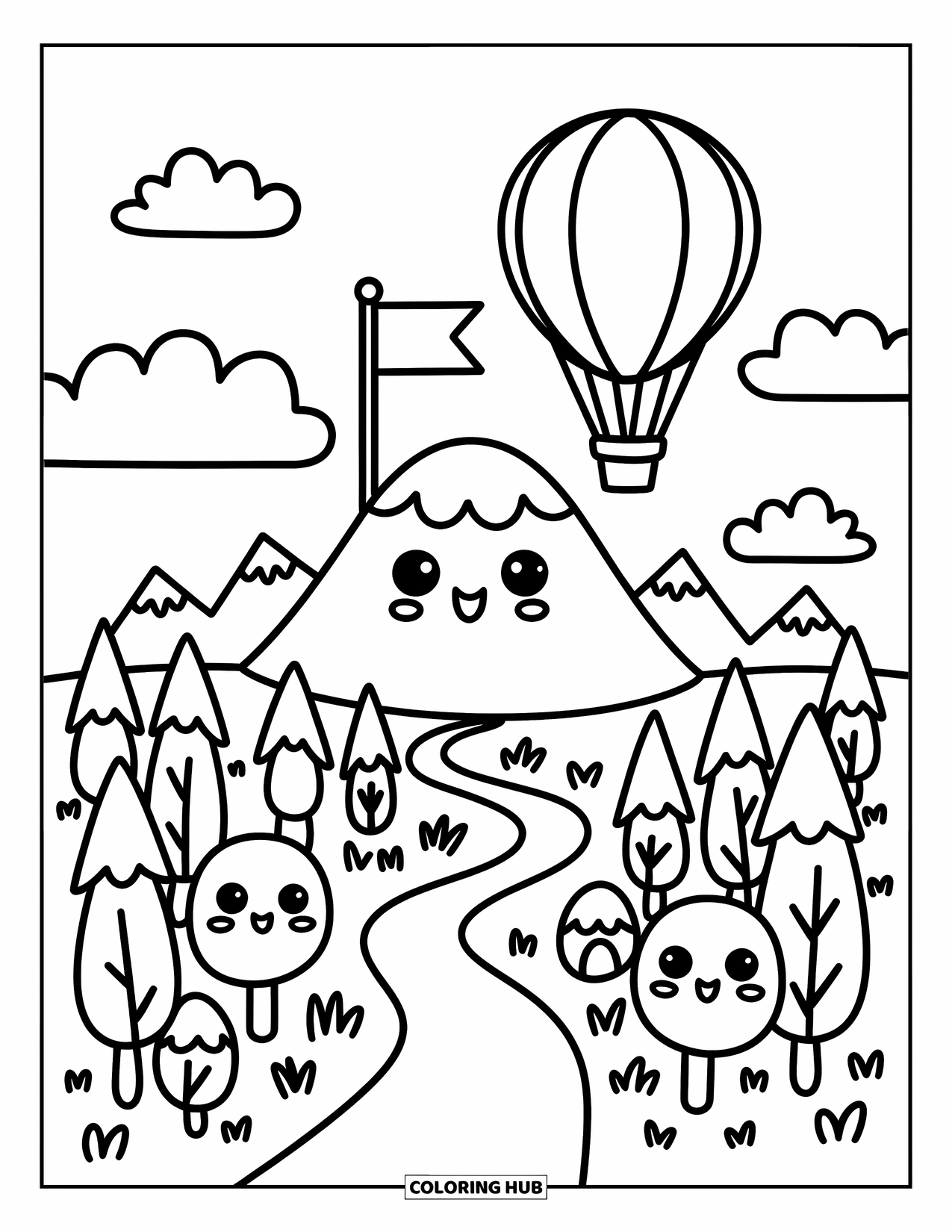 Berg Kleurplaat voor Volwassenen: Een kleine luchtballon drijft boven een berg met pluizige wolken en een kronkelend pad