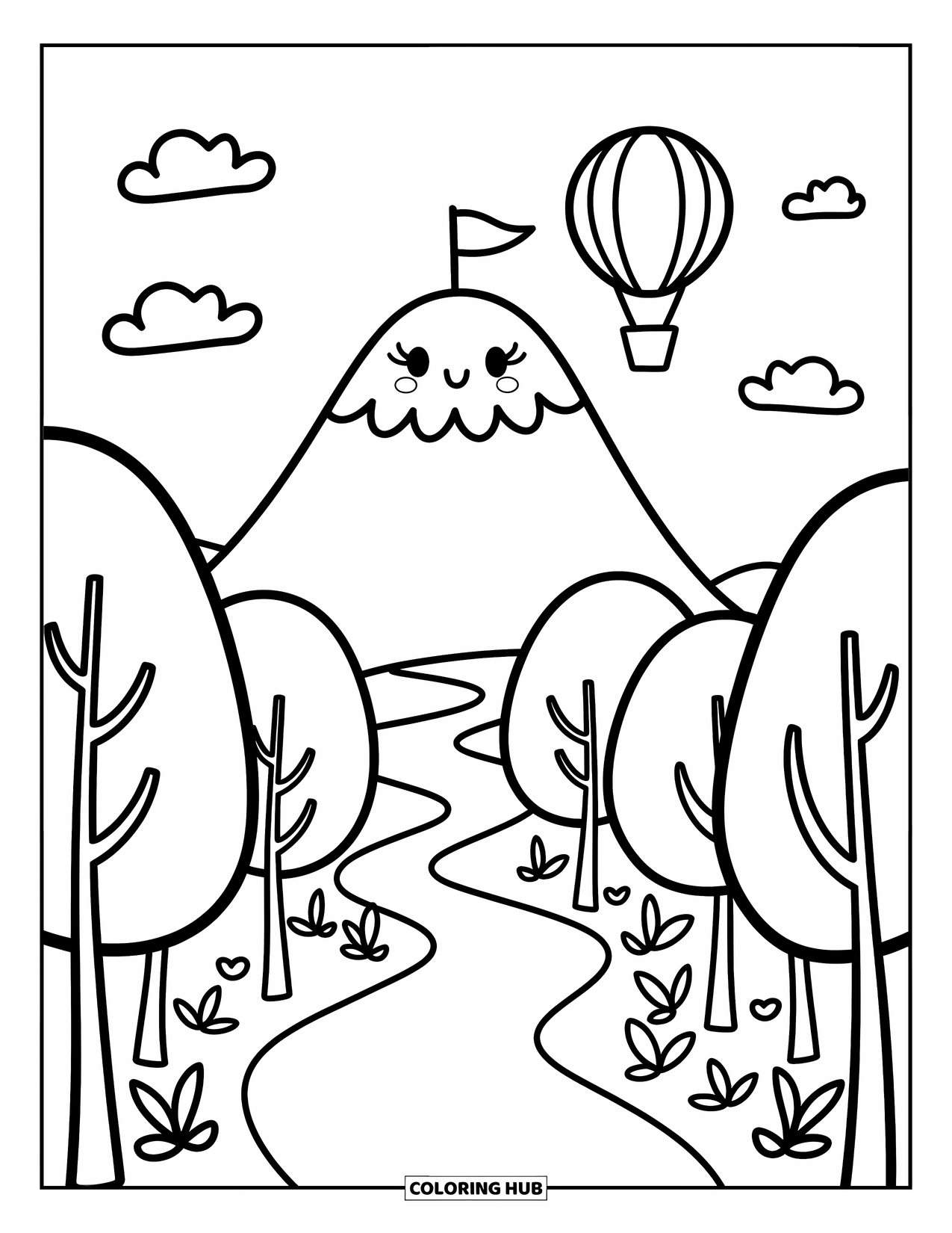 Berg Kleurplaat voor Volwassenen: Een kleine luchtballon zweeft boven een berg met een kronkelend pad en pluizige wolken