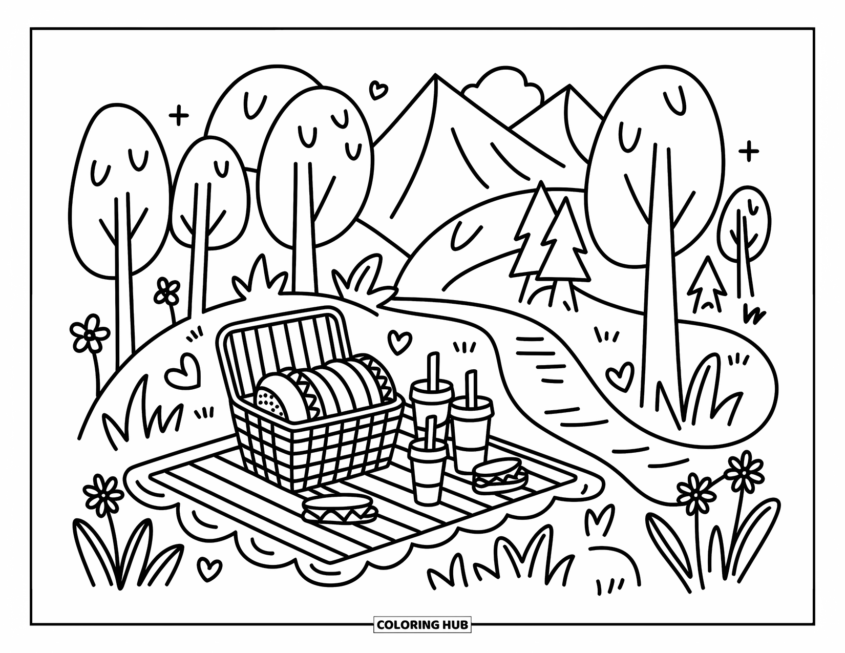 Berg Kleurplaat voor Volwassenen: Een kleine luchtballon zweeft boven een berg met een kronkelend pad en pluizige wolken