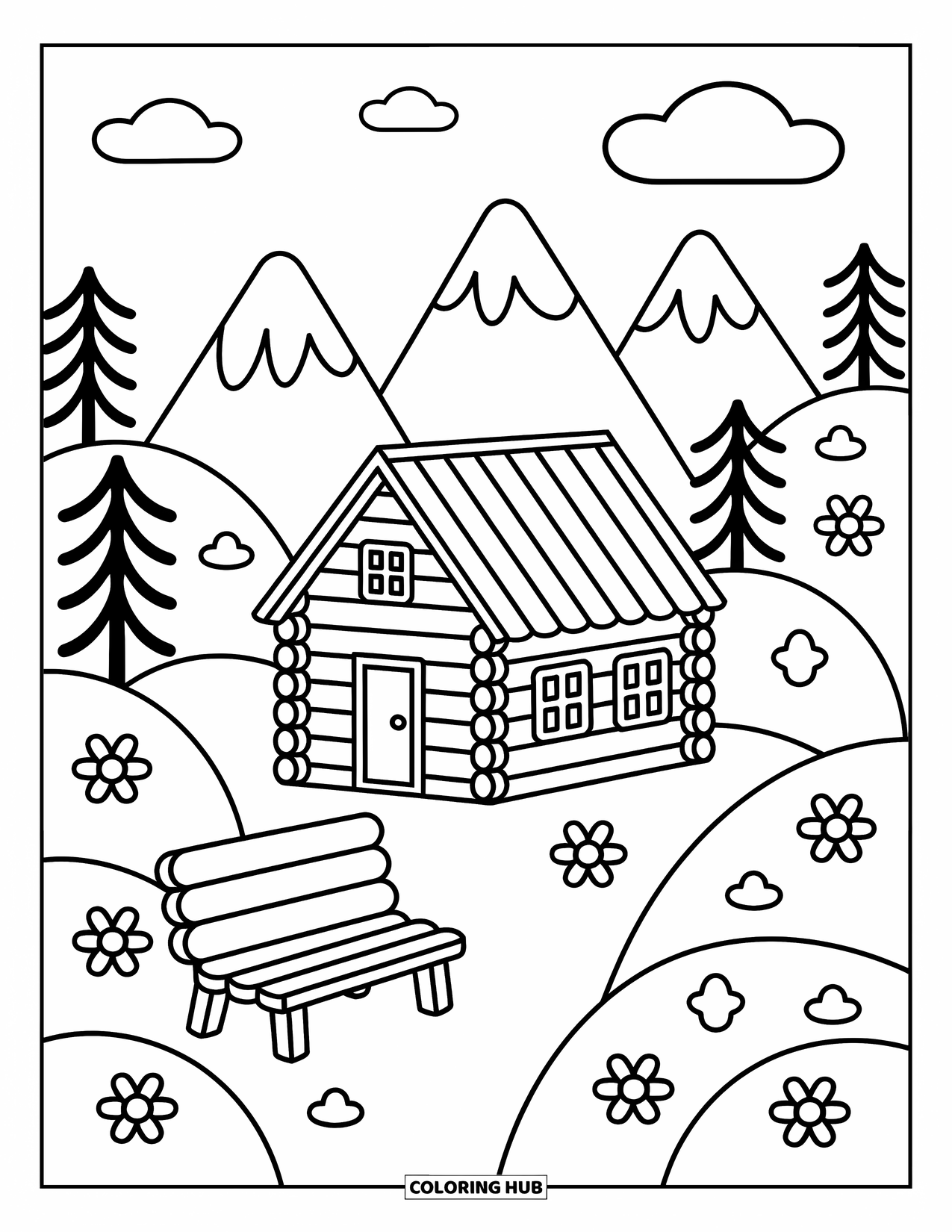 Berg Kleurplaat voor Volwassenen: Een kleine blokhut in een weiland met bloemen en een gezellige houten bank