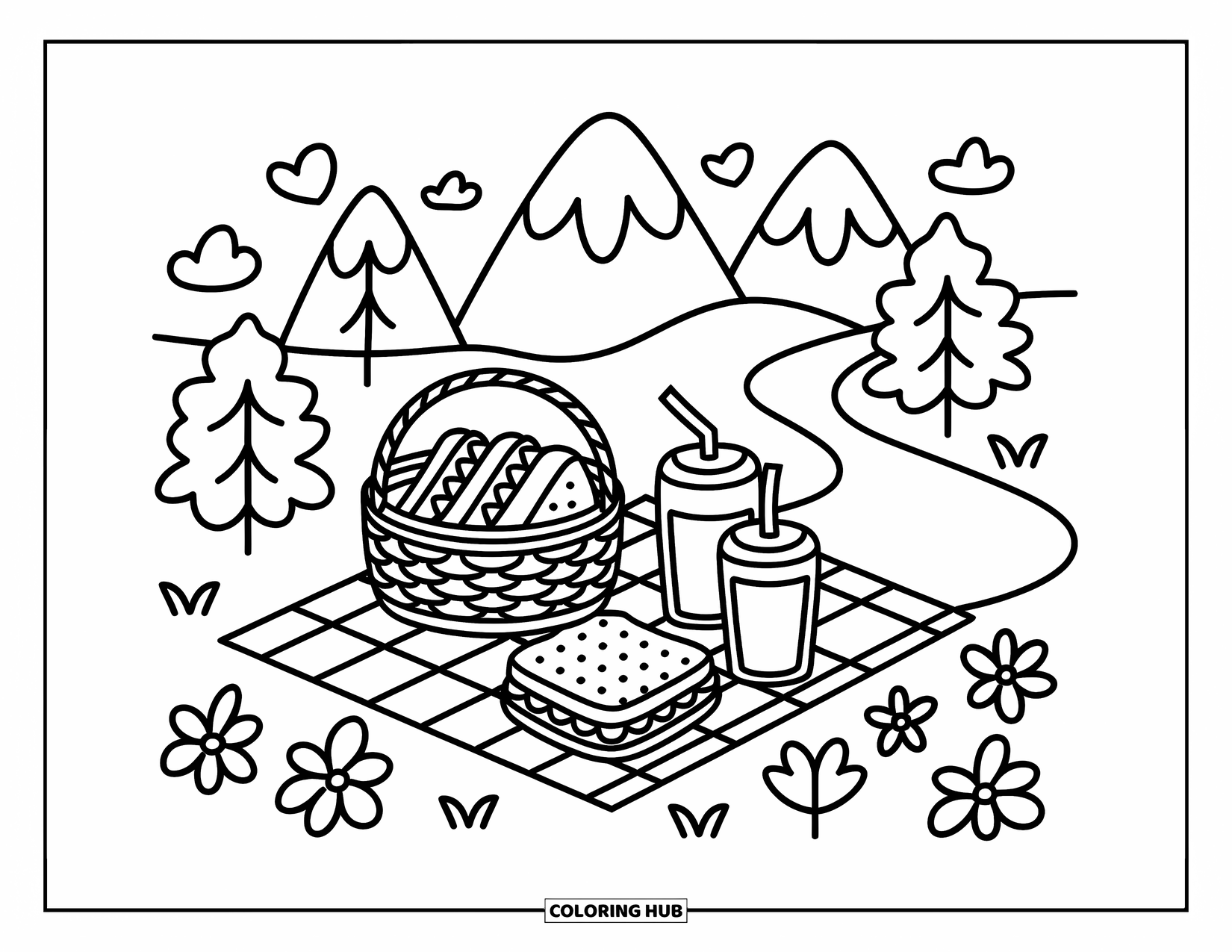 Berg Kleurplaat voor Volwassenen: Een kleine picknickplaats bij een rivier met sandwiches, een mand en vrolijke bomen