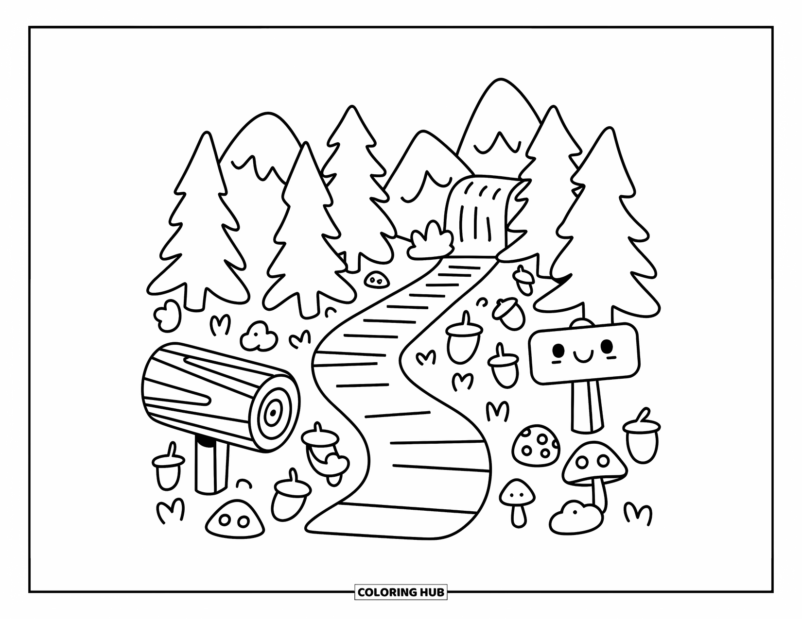 Berg Kleurplaat voor Volwassenen: Een klein bord dat wijst naar een verborgen waterval langs een bospad