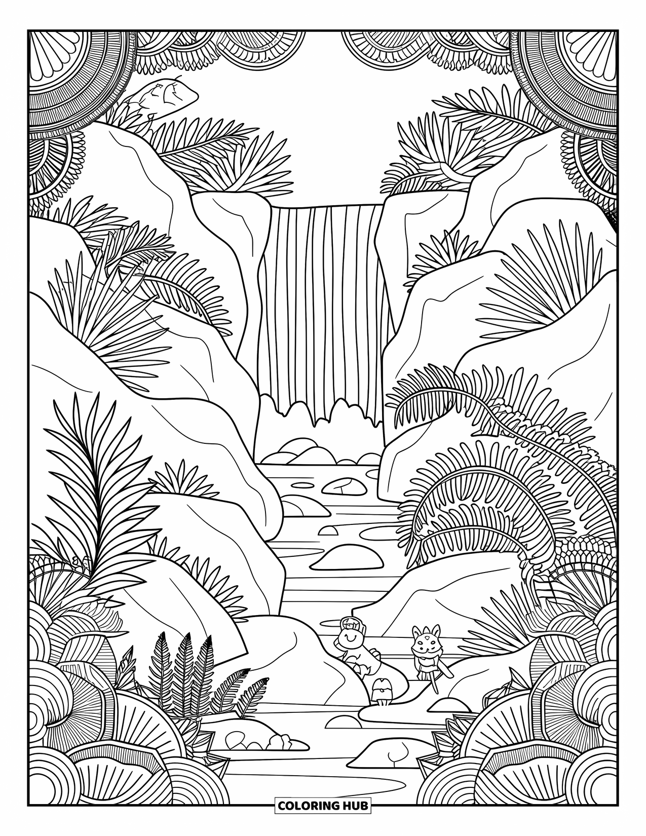 Berg kleurplaat voor volwassenen: Een waterval omringd door varens, rotsen en bosdieren