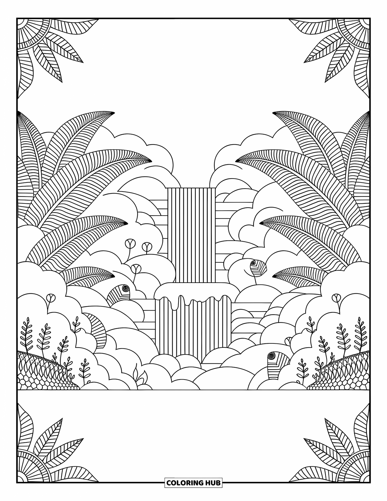 Berg Kleurplaat voor Volwassenen: Een waterval met rotsen, varens en kleine boswezens