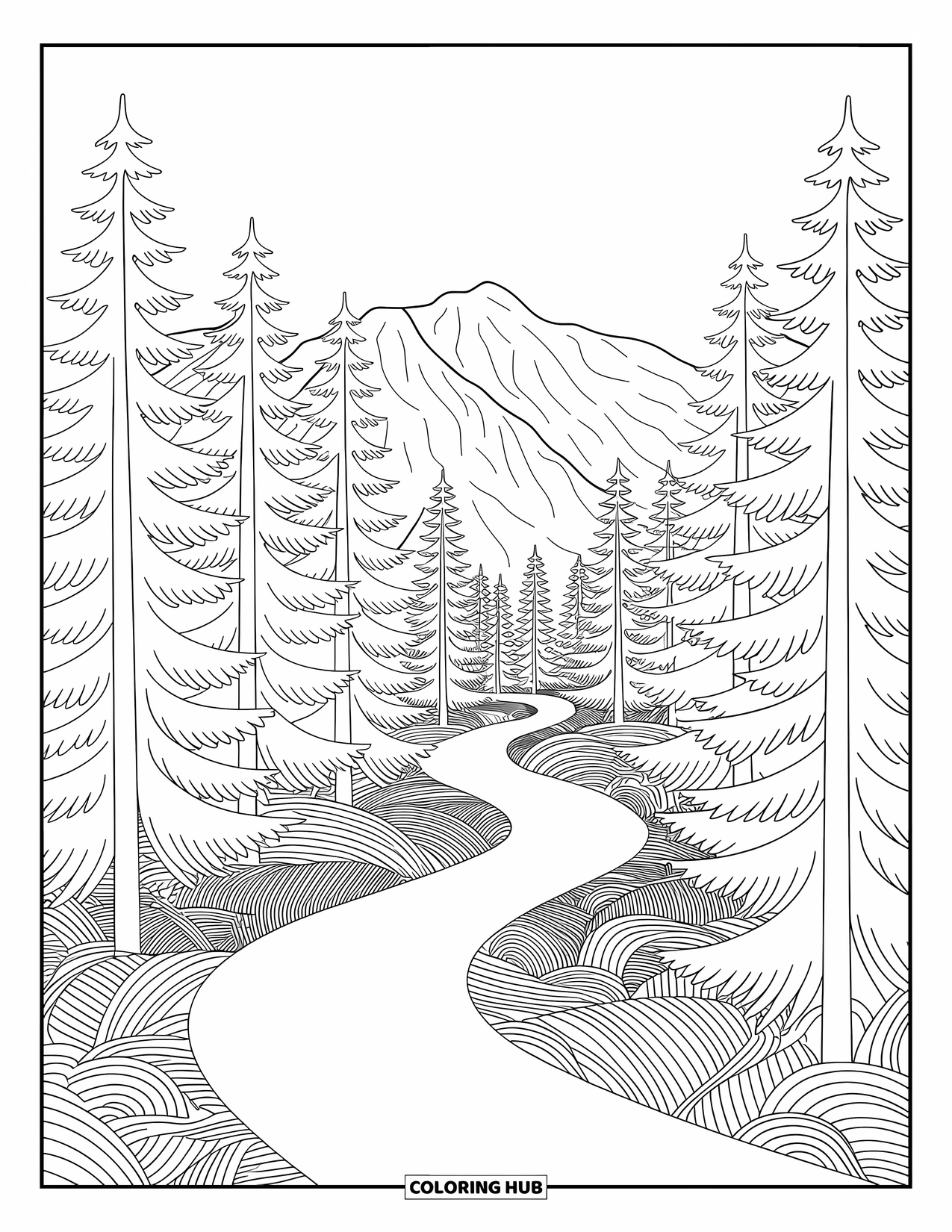 Berg Kleurplaat voor Volwassenen: Een kronkelend pad door een dicht dennenbos dat leidt naar verre bergen