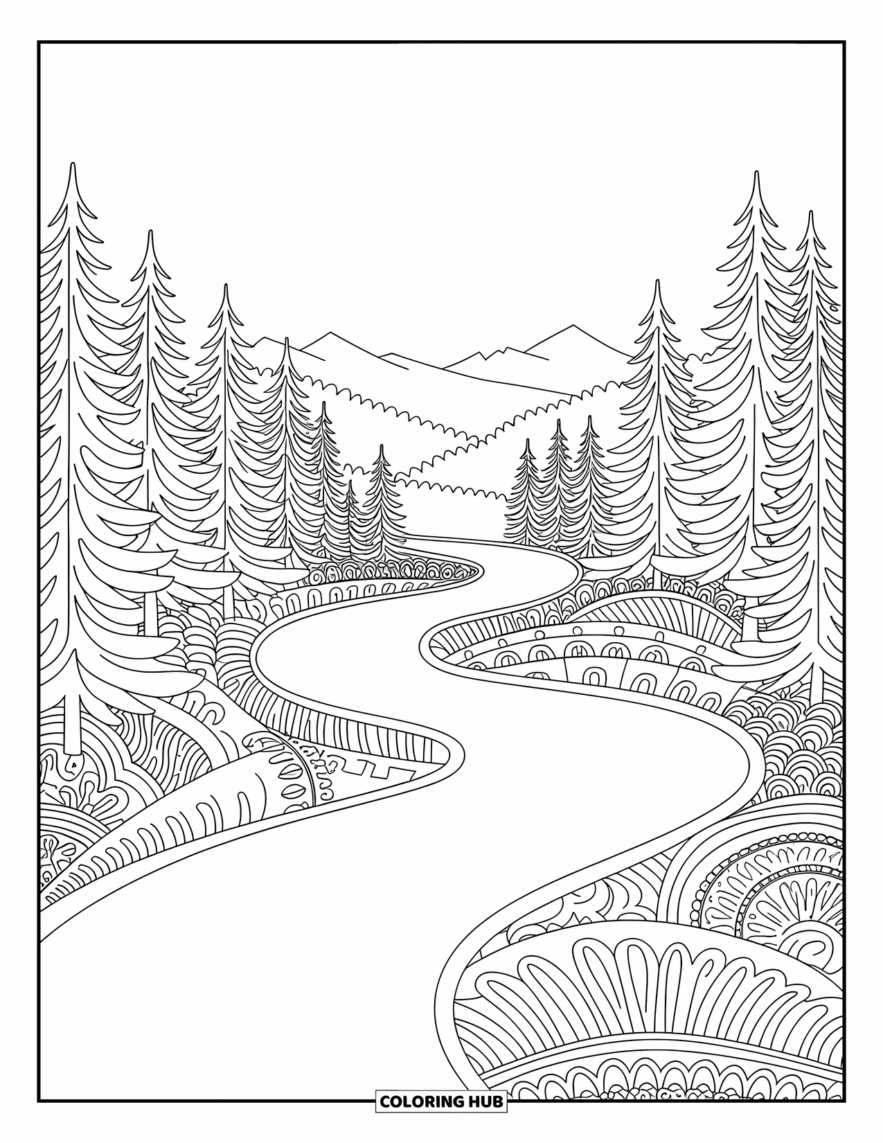 Berg Kleurplaat voor Volwassenen: Een kronkelend pad door een dennenbos met bergen in de verte