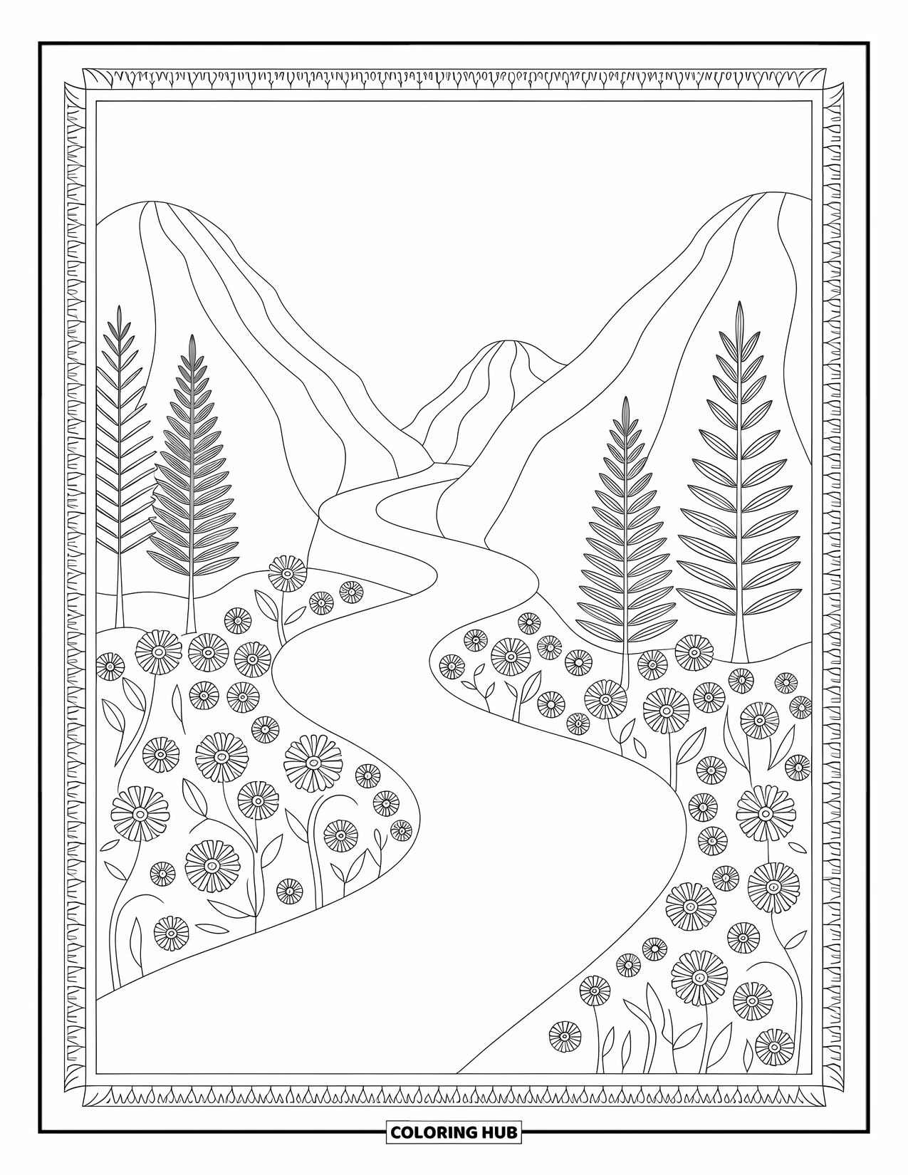 Berg kleurplaat voor volwassenen: Een kronkelend pad door bomen en bloemen bij bergen