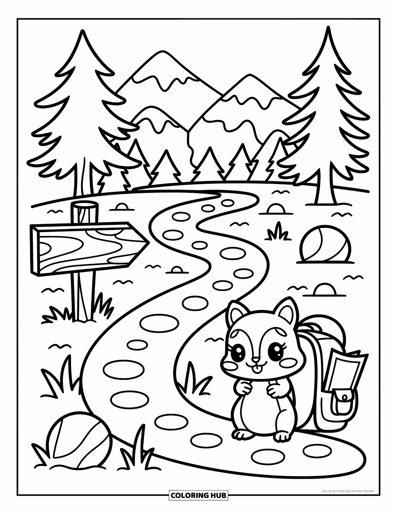 Berg Kleurplaat voor Volwassenen: Een kronkelend pad met een houten bord, schattige boomstammen en een vriendelijke eekhoorn