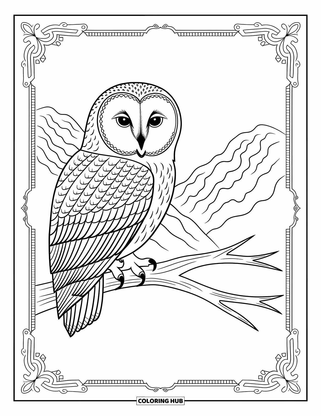 Berg Kleurplaat voor Volwassenen: Een uil die op een tak zit en uitkijkt over bergen met ingewikkelde veren
