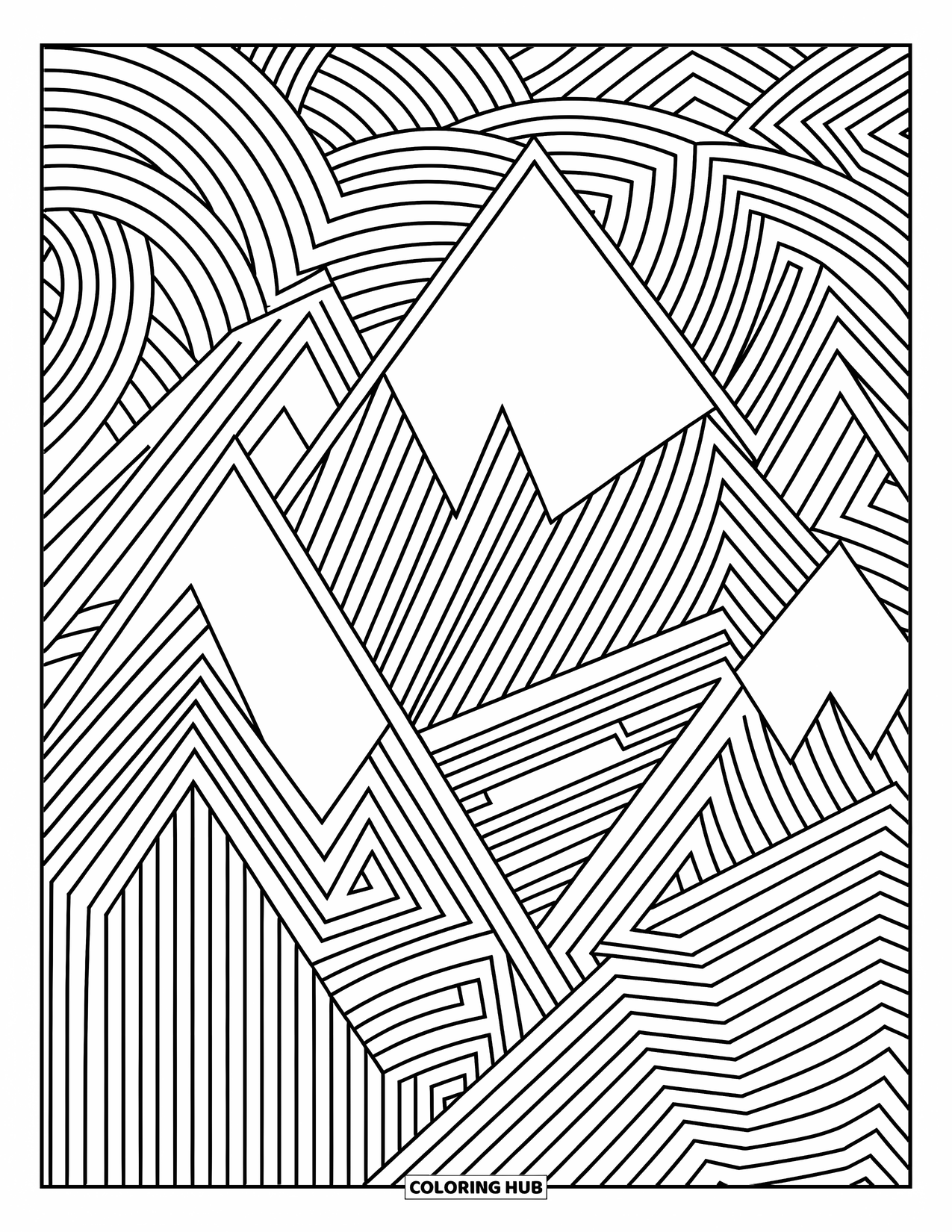 Berg Kleurplaat voor Volwassenen: Gedetailleerde bergen met patronen in mandala-stijl