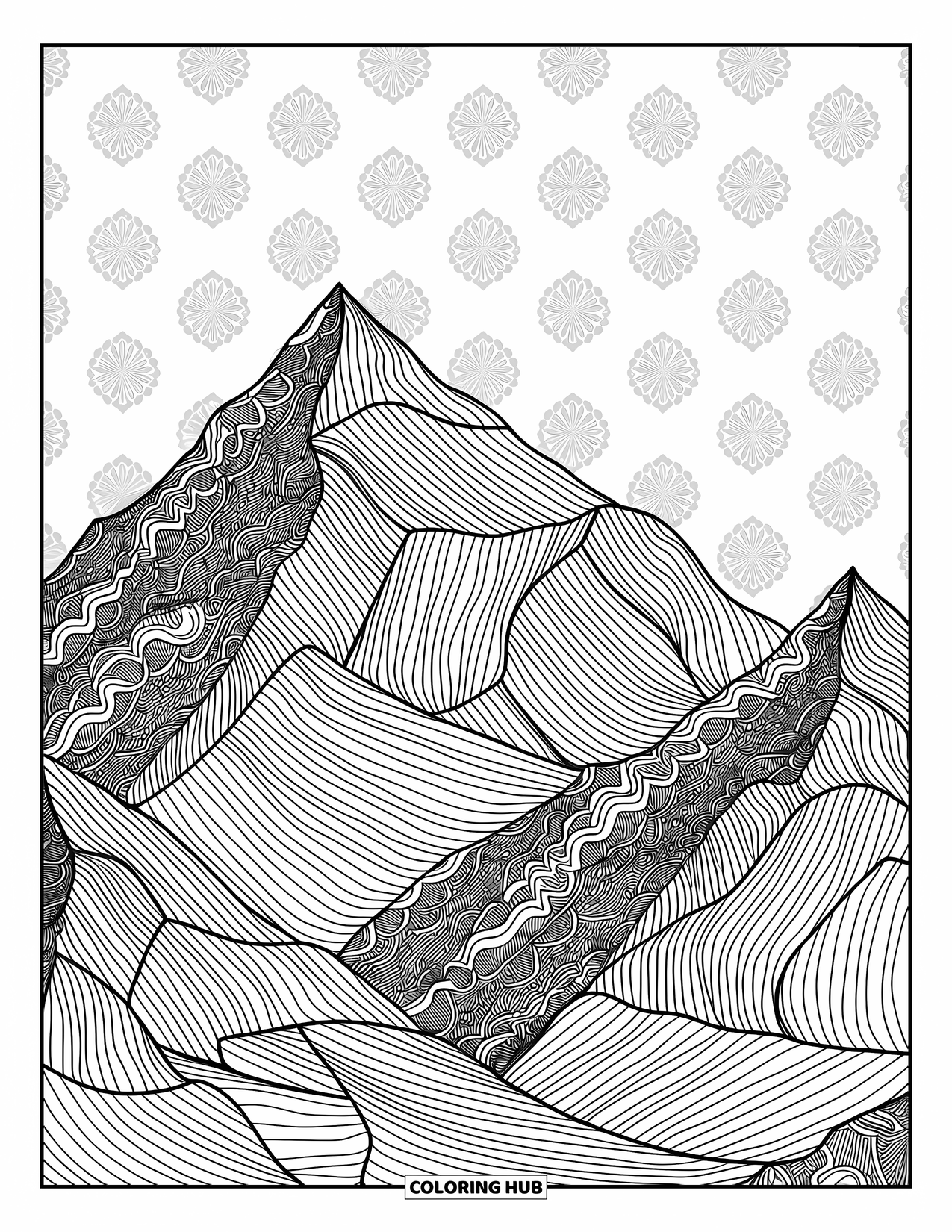 Berg Kleurplaat voor Volwassenen: Bergen in mandala-stijl met gedetailleerde patronen