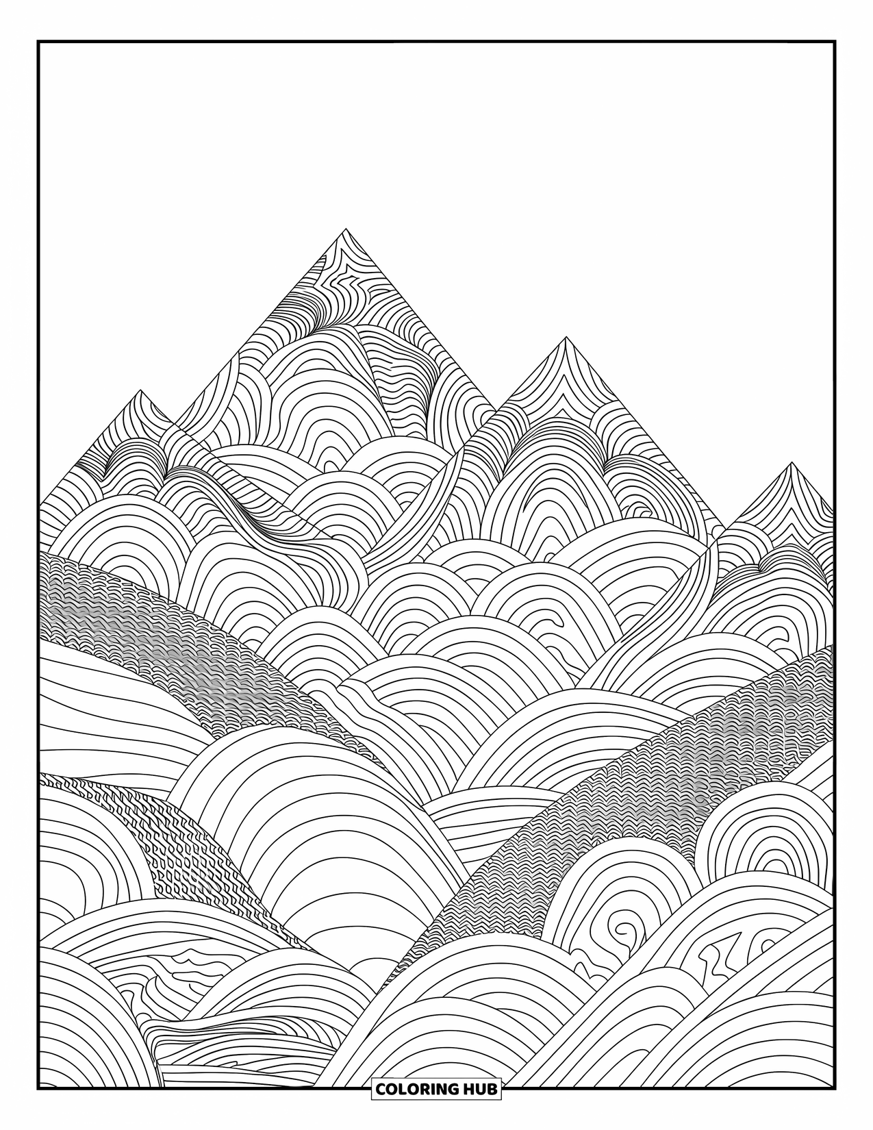 Berg Kleurplaat voor Volwassenen: Bergen met mandala-patronen en ingewikkelde ontwerpen