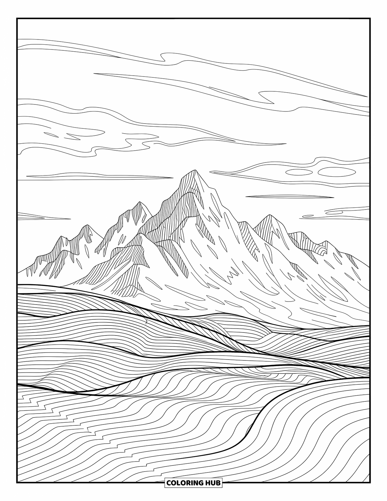 Berg Kleurplaat voor Volwassenen: Bergen met wervelende wolken en ingewikkelde details