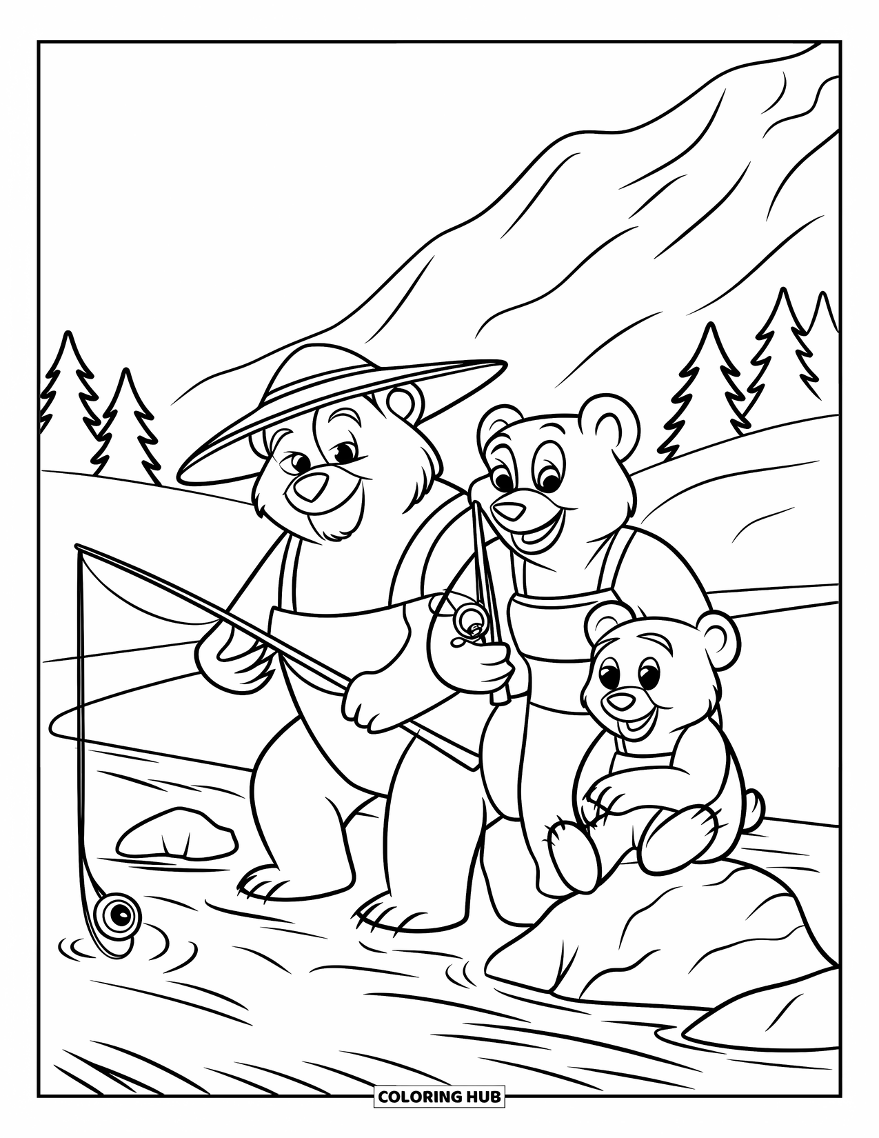 Berg Kleurplaat voor Kinderen: Een berenfamilie die aan het vissen is bij een bergbeek, met vader beer die een strohoed draagt